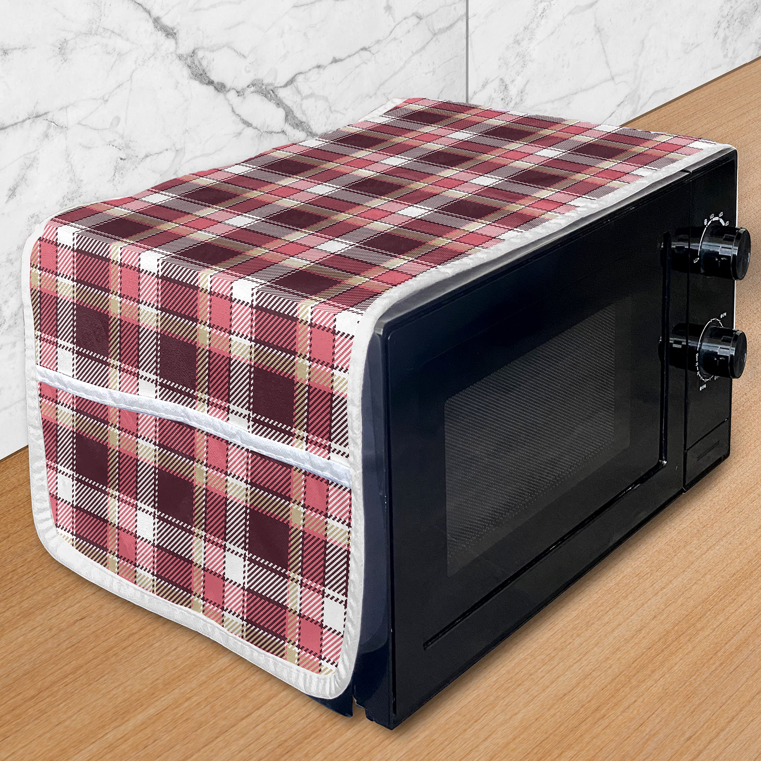 Ambesonne Checkered Microwave Cover - Vintage Plaid Design, Waterproof Kitchen Organizer with Pockets, 36x12 Inches, Pink Maroon White - Perfect for Protecting Appliances & Adding Retro Style to Your Kitchen