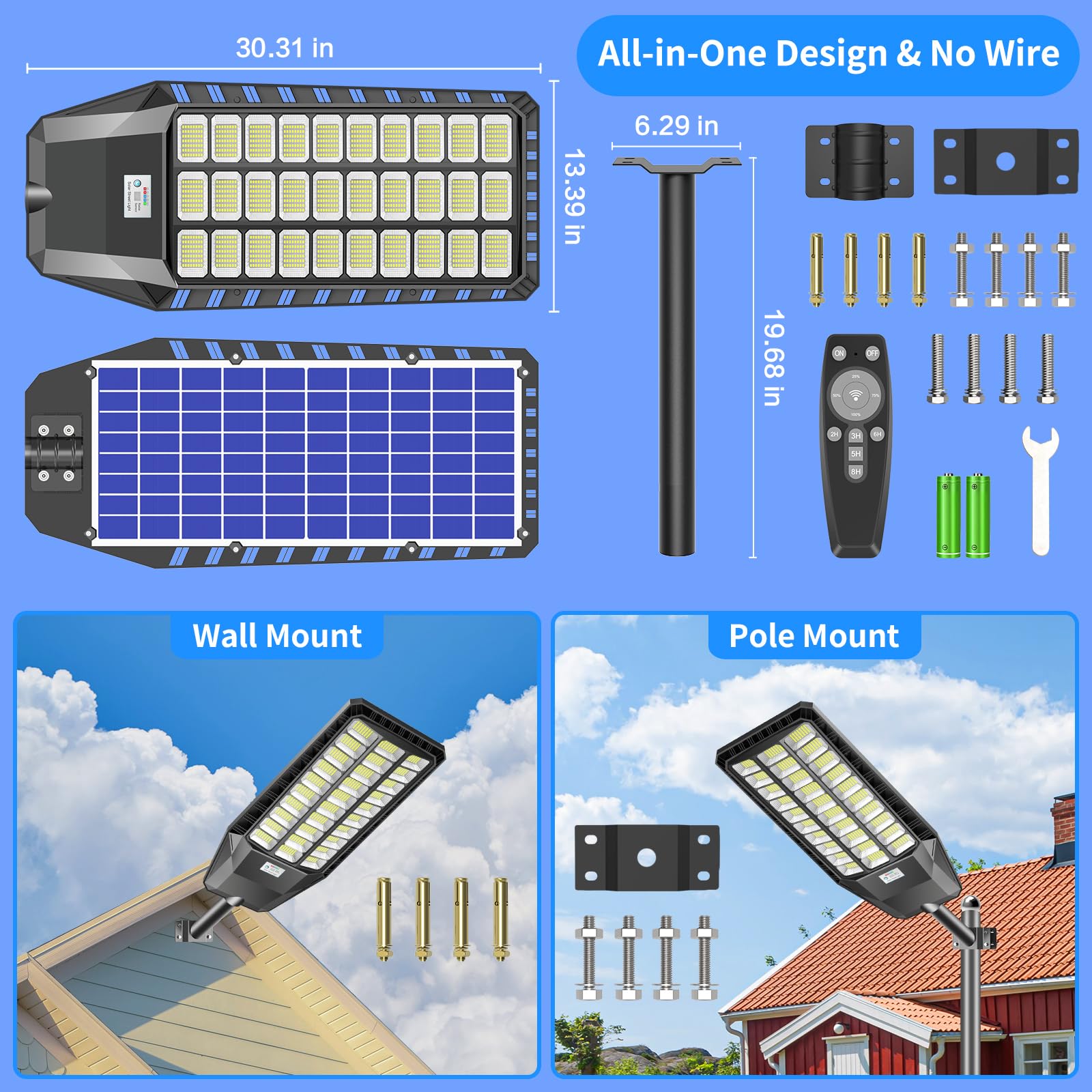 6500W Solar Lights Outdoor - Commercial Grade 480,000 Lumens Solar Street Lights with Motion Sensor & Remote Control (2 Pack) - Perfect for Parking Lots, Security Lighting & Dusk-to-Dawn Illumination