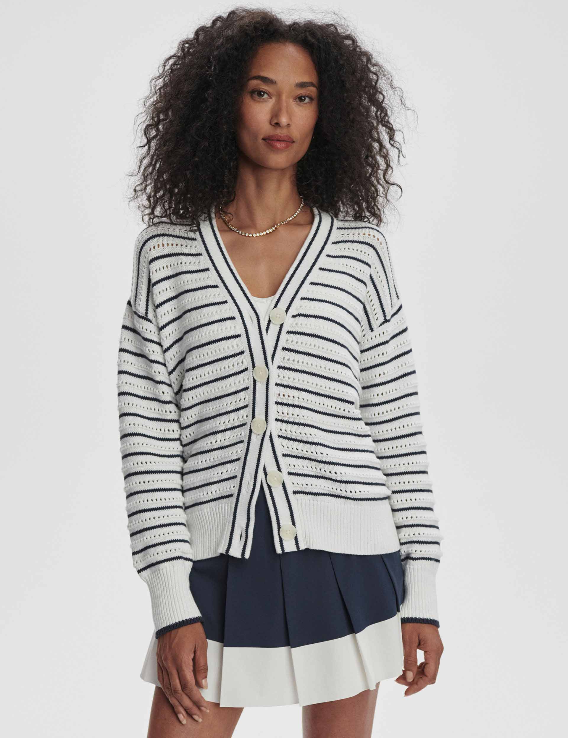 Antonia Relaxed Cardigan for Women - Soft Knit Open Front Sweater in White & Blue Nights - Perfect for Casual Wear, Office & Cozy Evenings