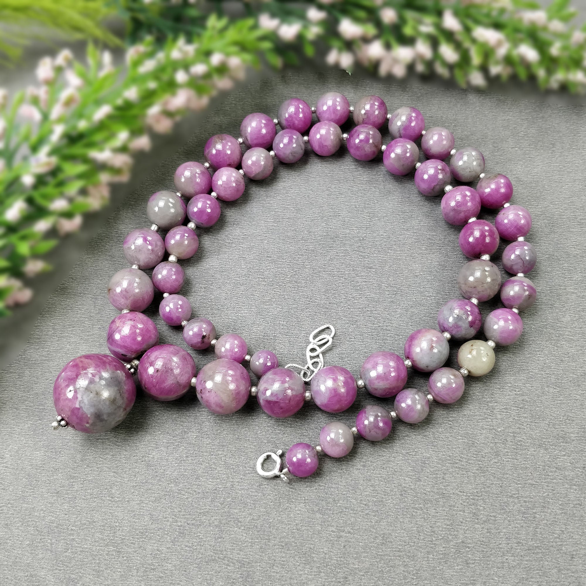 Natural Untreated Bi-Color Zoisite Ruby Gemstone Necklace - 437.35cts Genuine Ruby Balls with 925 Sterling Silver (7.5mm-21mm) | Elegant Jewelry for Women, Perfect for Weddings, Parties & Special Occasions
