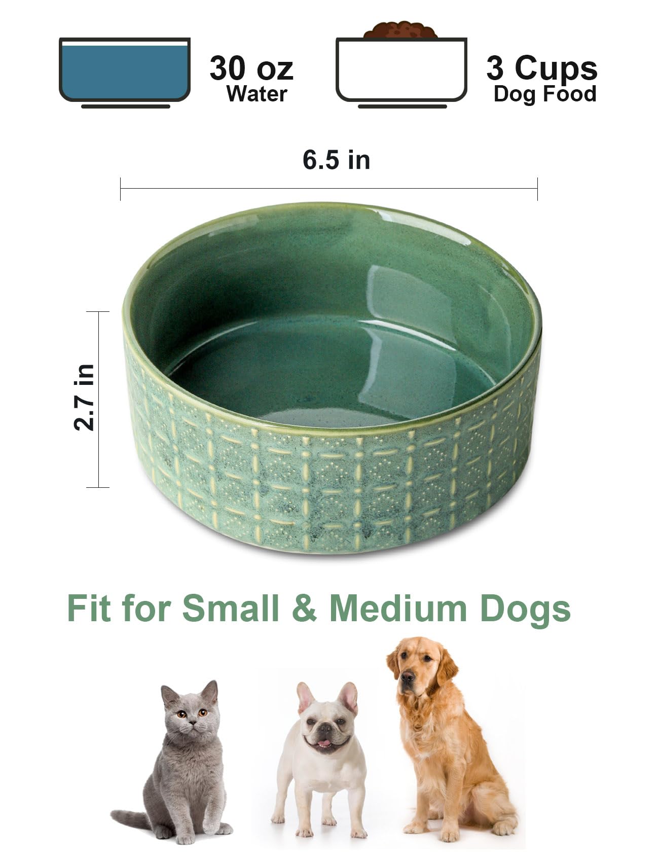 Ceramic Dog Bowl Set - 6.5 Inch Pet Food & Water Dish for Small & Medium Dogs - Non-Slip Puppy Feeding Bowl in Green - Perfect for Home, Travel & Outdoor Use