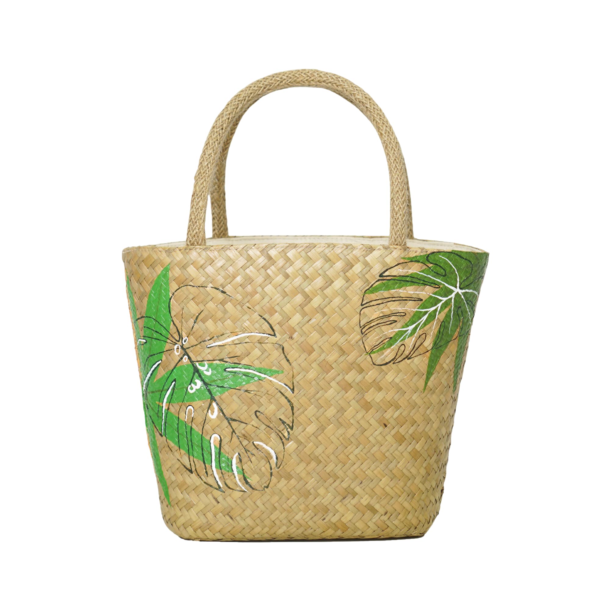 DPH Lepironi Natural Straw Handwoven Tote Bag - Vietnamese Eco-Friendly Beach Bag with Hand-Drawn Design, Summer Shoulder Purse for Travel, Picnic & Shopping (Small/Palm Size)