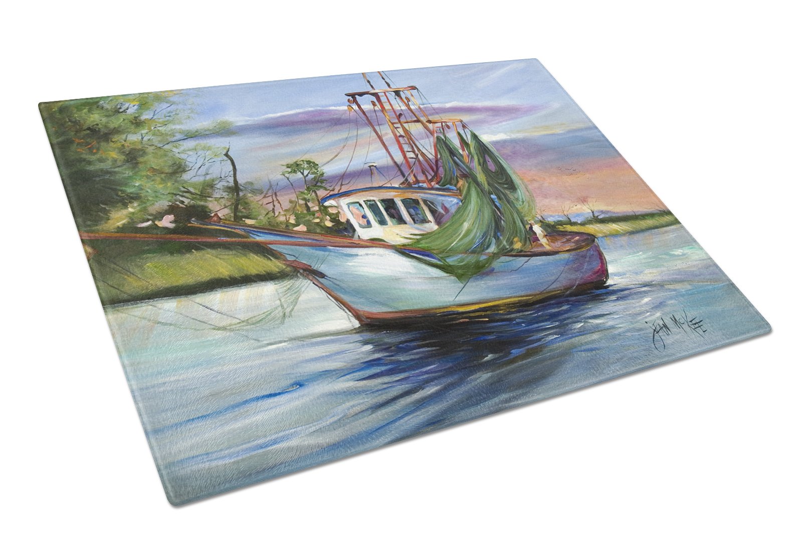 Jeannie Shrimp Boat Tempered Glass Cutting Board - Large Decorative Kitchen Chopping & Serving Board for Seafood, Fruits & Vegetables | Durable & Stylish for Home Cooking & Entertaining