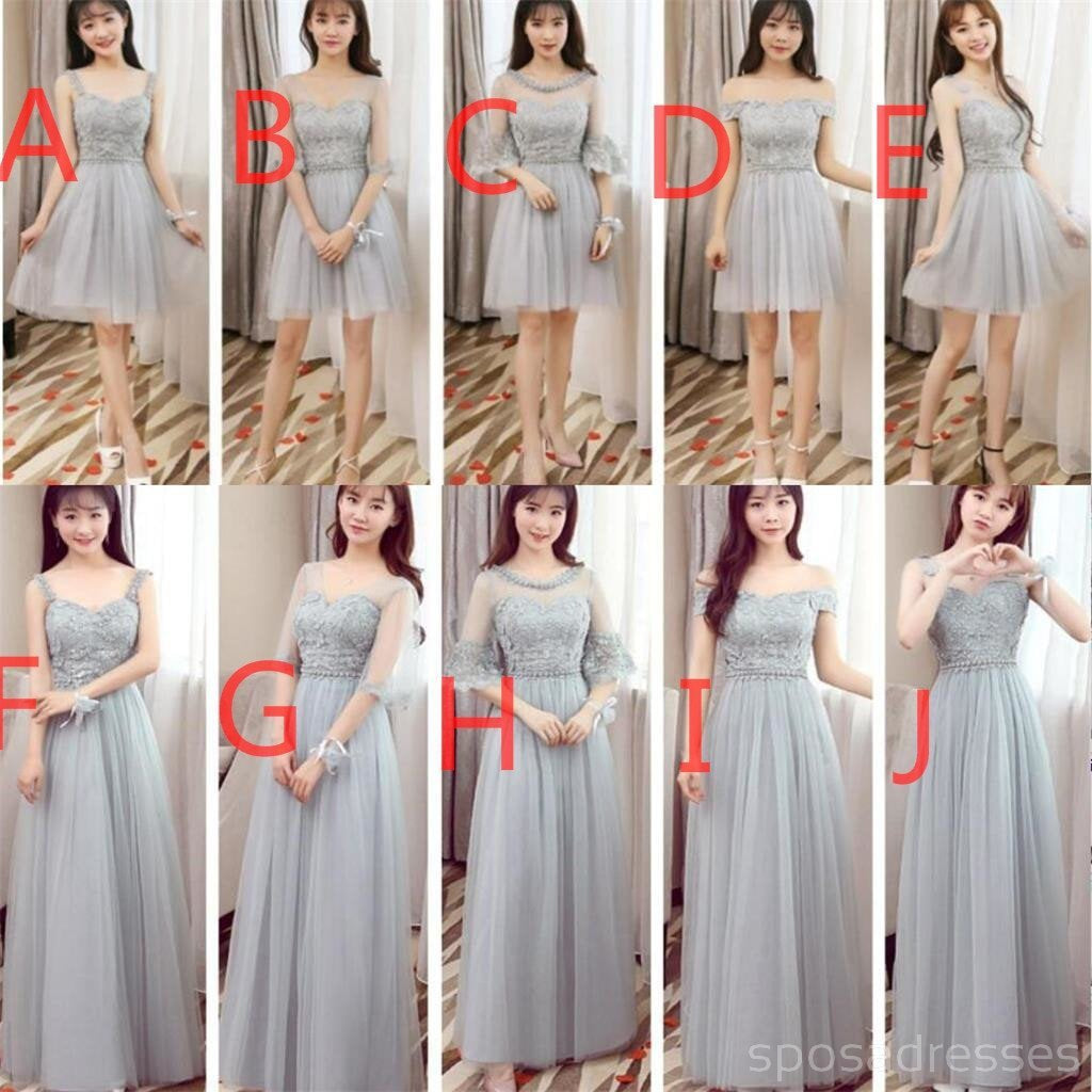 Affordable Gray Lace Soft Tulle Long Bridesmaid Dresses - Mismatched Elegant Design for Wedding Party, BD015 | Perfect for Formal Events, Bridal Showers & Special Occasions