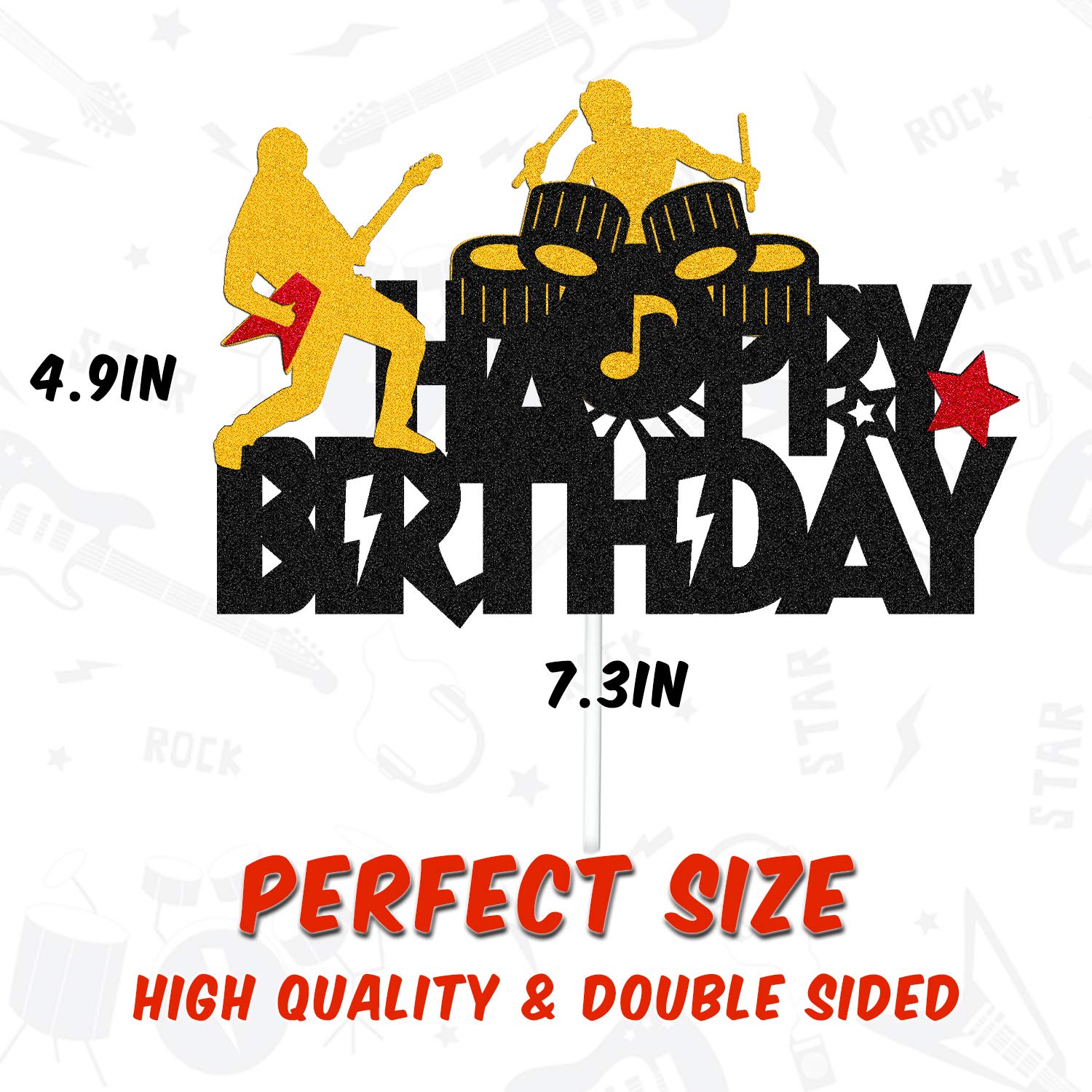Rock and Roll Music Cake Topper - Happy Birthday Sign with Drums, Guitar & Musical Notes - Glitter Black Cake Decorations for Rock Themed Parties | Perfect for Musician Birthday Cakes & Rock n' Roll Celebrations
