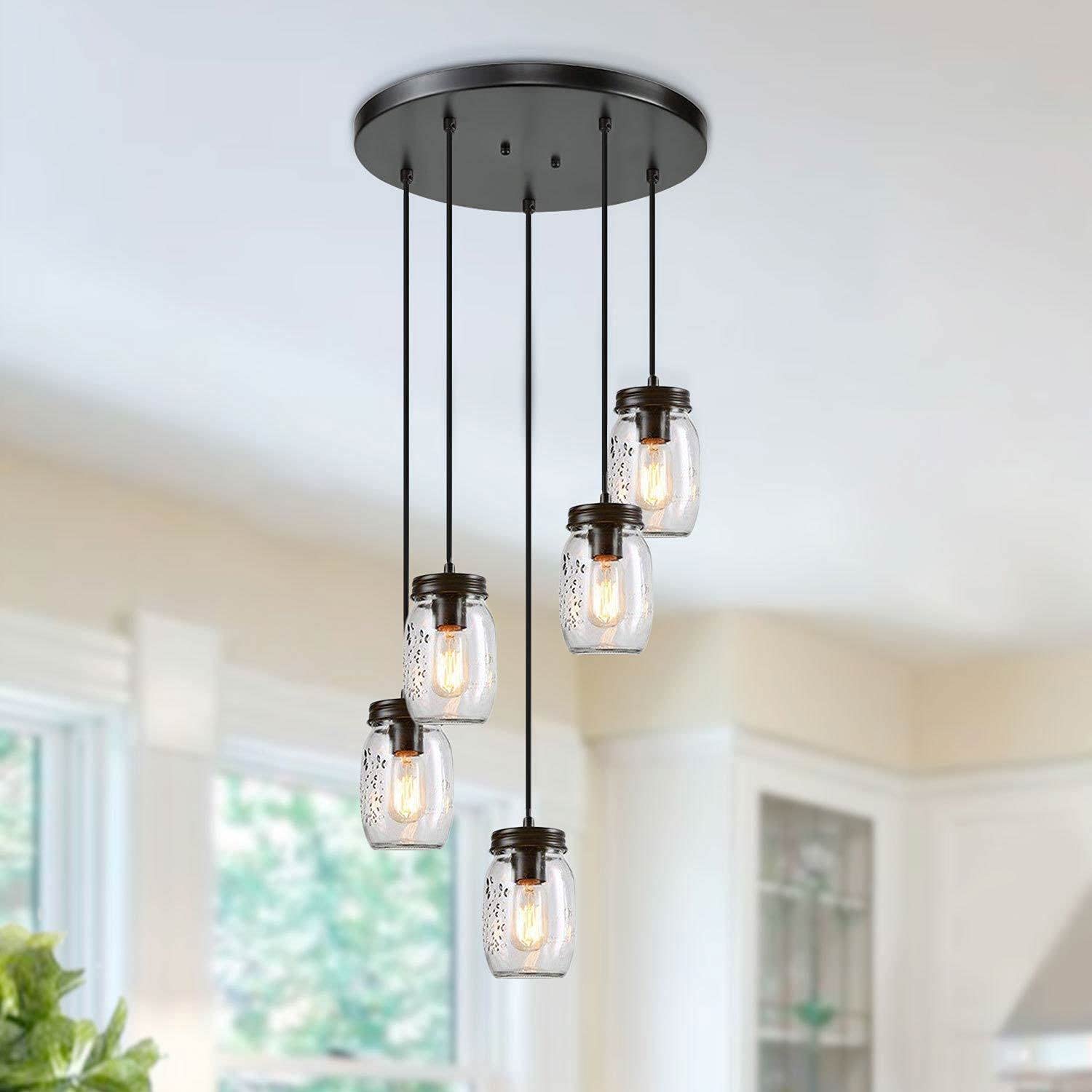 Rustic 5-Light Mason Jar Chandelier - Farmhouse Pendant Lighting for Kitchen Island & Dining Room - Perfect for Country Style Home Decor & Cozy Dining Ambiance
