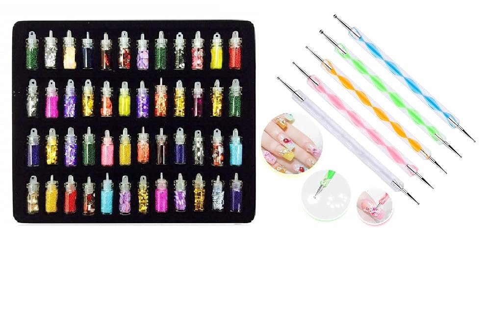 Angelie 53-Piece Nail Art Kit – 48 Bottles 3D Glitter Set & 5 Dual-Ended Dotting Tools | Perfect for DIY Nail Designs, Manicures, Gifts for Women & Girls | Home Spa, Parties, Salons