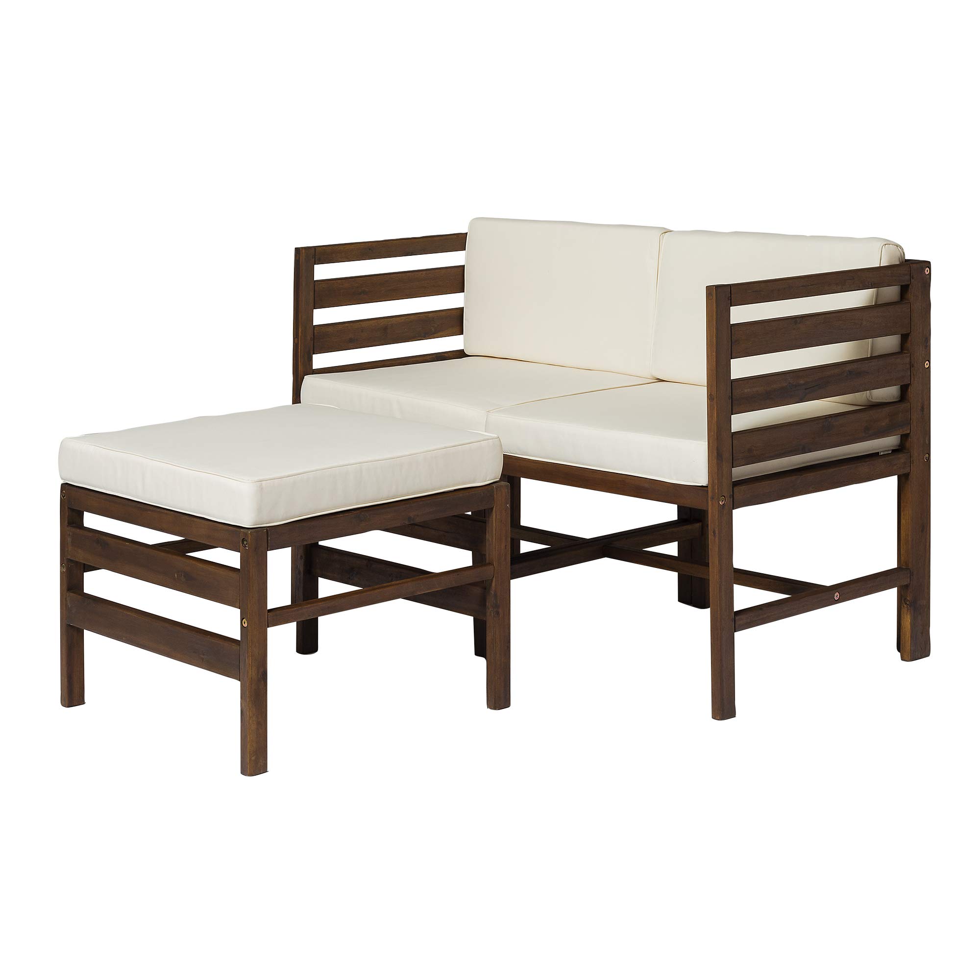 Walker Edison Ravello 3-Piece Acacia Wood Outdoor Modular Chat Set with Cushions - Dark Brown Patio Furniture for Garden, Deck, Poolside & Backyard Relaxation