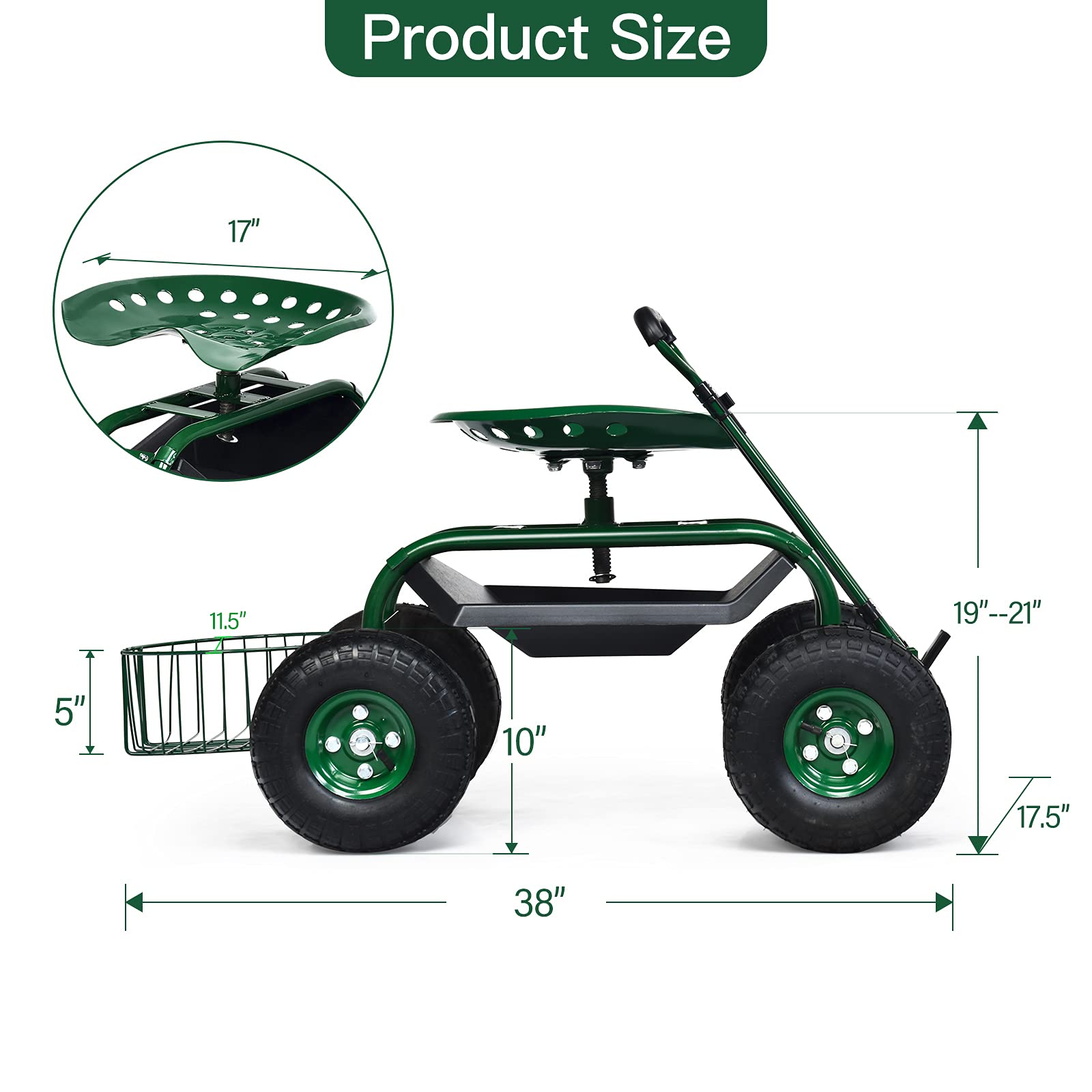 Heavy Duty Garden Cart with Seat & Wheels - Planting & Gardening Work Cart
