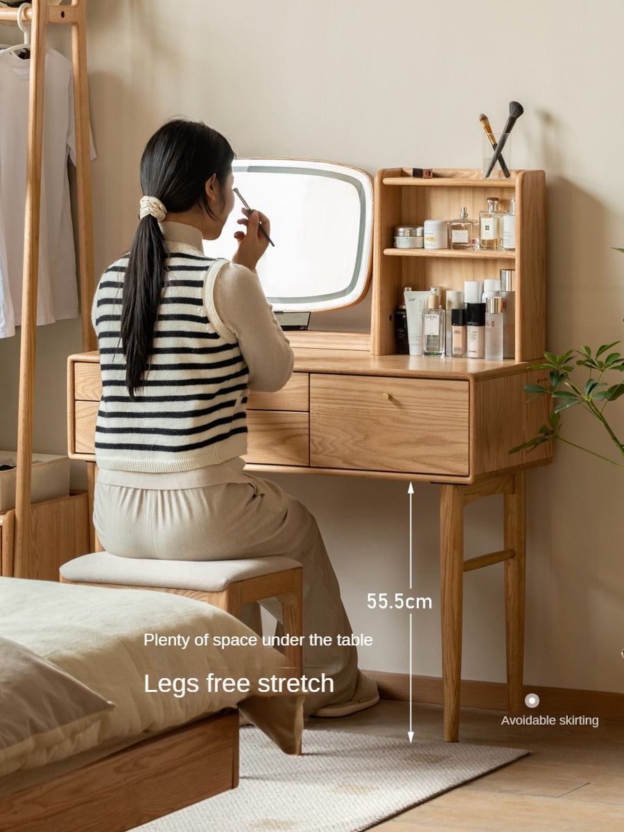 Solid Oak & Ash Wood Dressing Table with LED Lighted Makeup Mirror - Perfect for Bedroom Vanity, Makeup Application & Home Decor