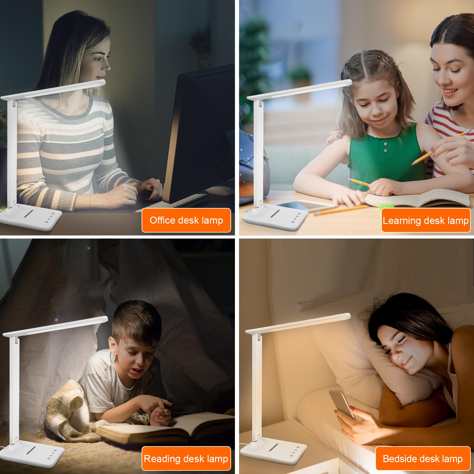 Karidi LED Desk Lamp - Dimmable Table Lamp with USB Charging Port, 5 Lighting Modes & Touch Control, Foldable Portable Reading Light for Home Office, Bedroom, Study - Perfect for Night Reading & Work (White)