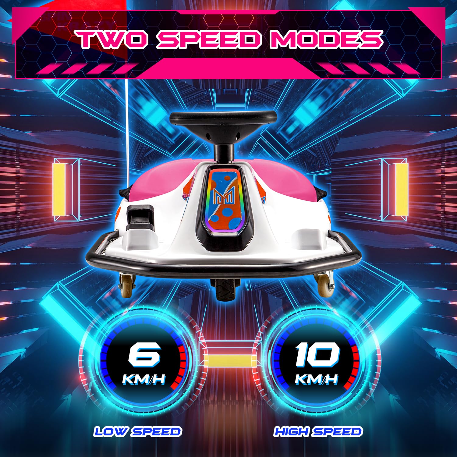 MELLCOM 24V Electric Drifting Go Kart for Kids - 360° Rotatable Wheels, Bluetooth, LED Lights & Music | Ride-On Toy Car with Acceleration Pedal | Perfect for Birthday Gifts, Outdoor Play & Backyard Racing (Pink)