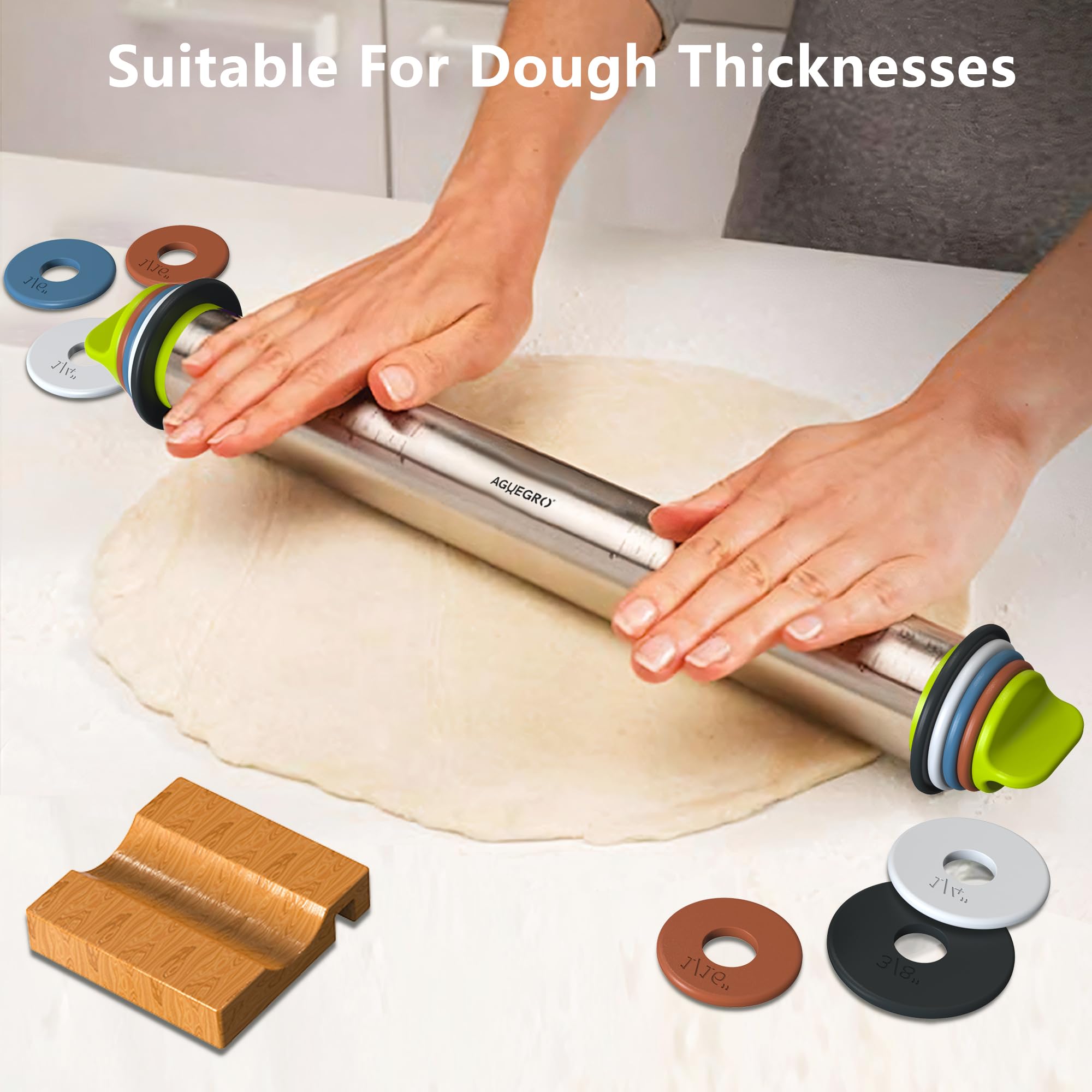 Premium Stainless Steel Rolling Pin with 4 Multi-Color Thickness Rings & Wooden Stand - 13.6