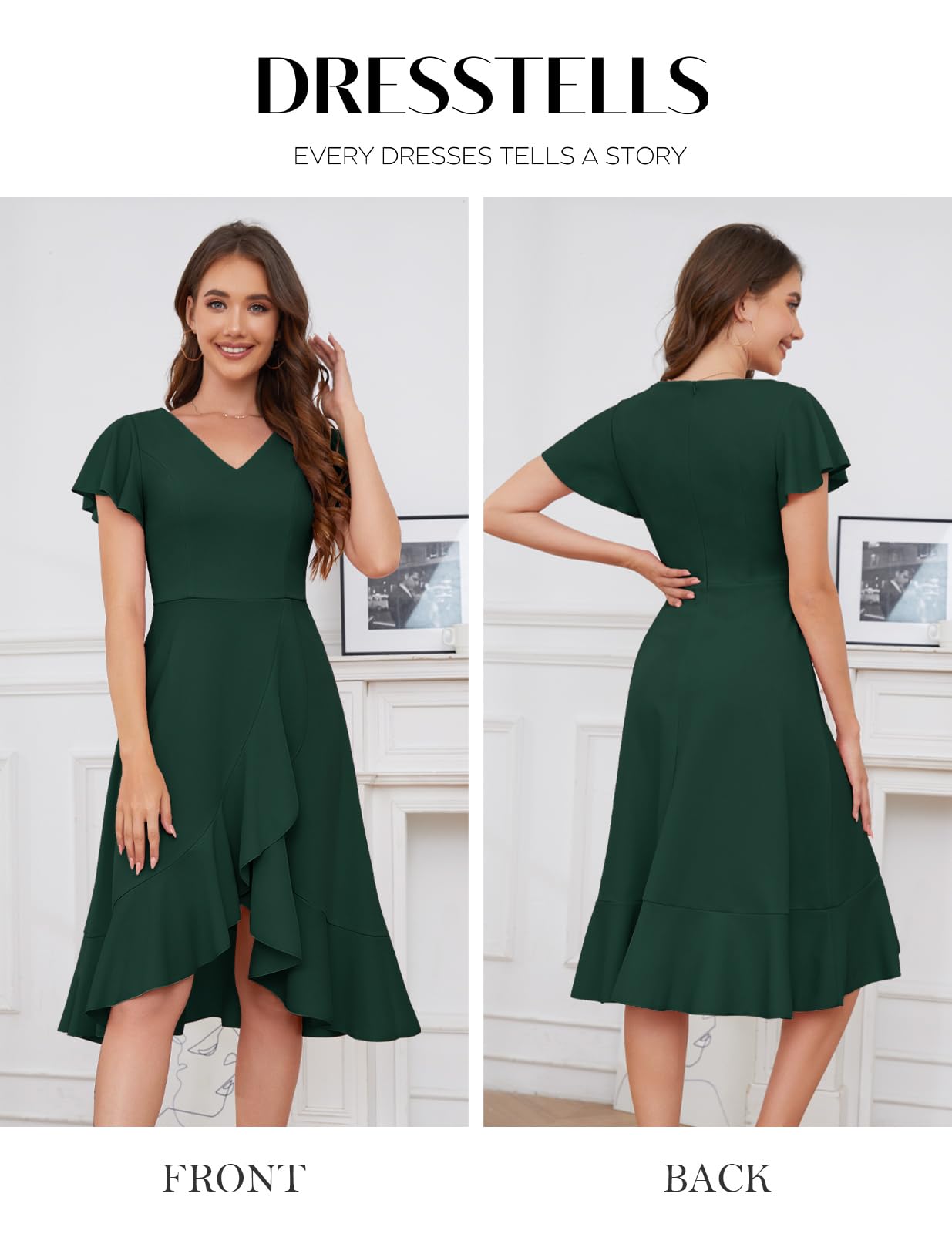 DRESSTELLS Women's Cocktail Dresses 2025 | Formal Wedding Guest Dress with Ruffle Details | V-Neck Vintage Evening Gown for Prom, Party & Special Occasions