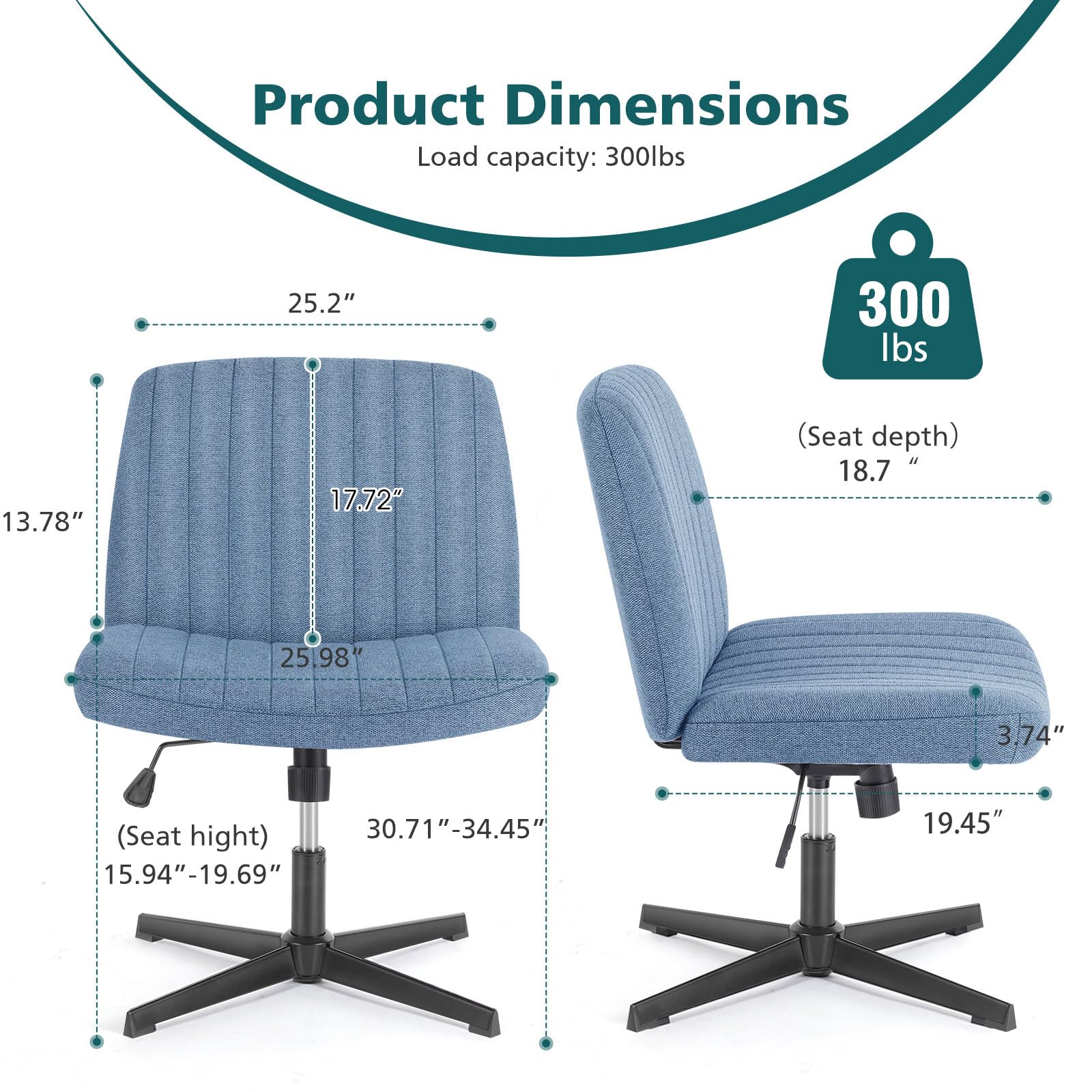 DUMOS Criss Cross Legged Office Chair - Armless Wide Seat No Wheels, Adjustable Height Swivel Fabric Chair for Home Office, Bedroom & Vanity - Modern Comfortable Seating for Work & Relaxation