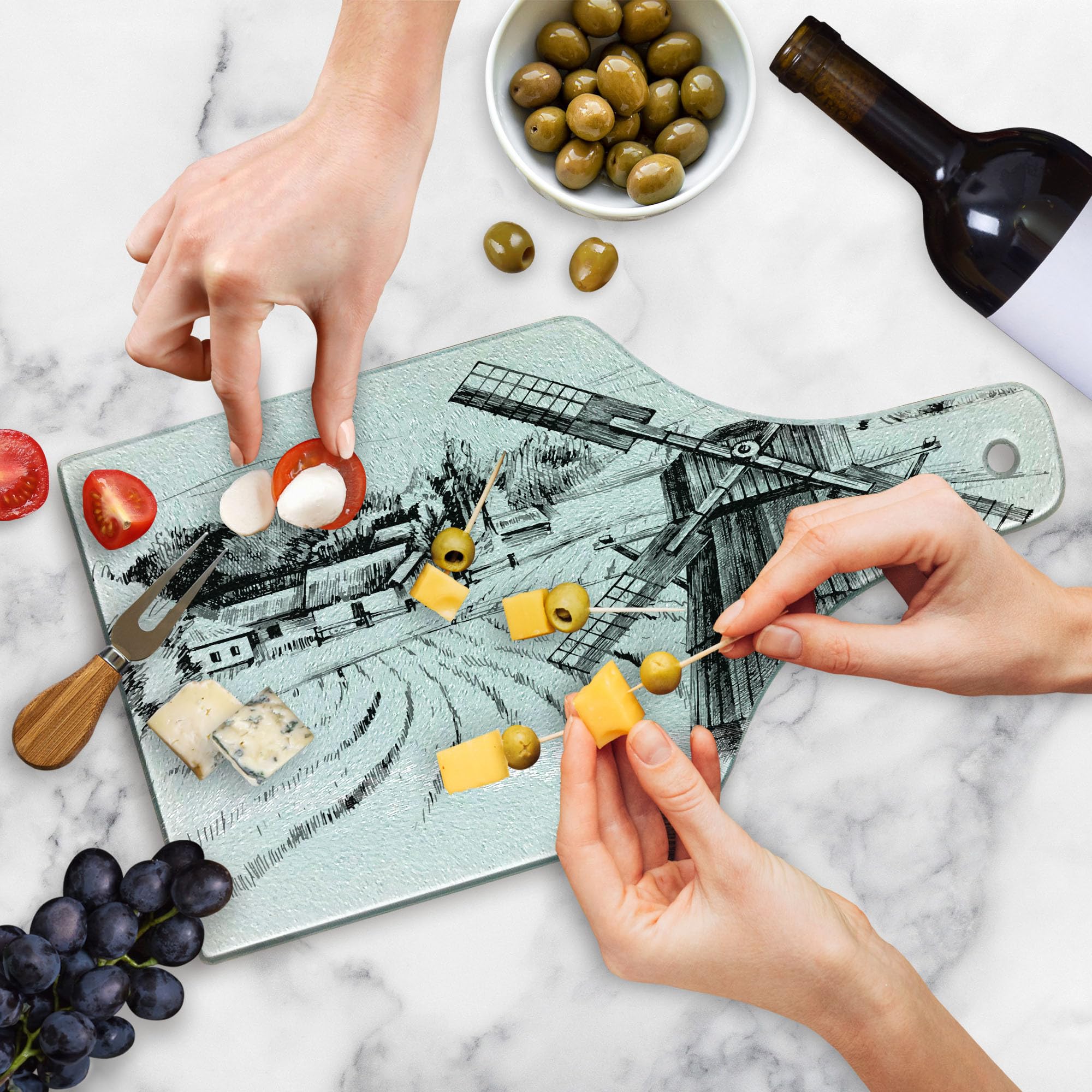 Ambesonne Landscape Cutting Board - Hand Drawn Rural Scenery with Small Town, Farm Houses, Forest and Mill - Romantic Sketch Design on Tempered Glass for Cutting & Serving - Wine Bottle Shaped Board in Black & White - Perfect for Kitchen Decor, Charcuterie Platters & Wine Pairing Parties