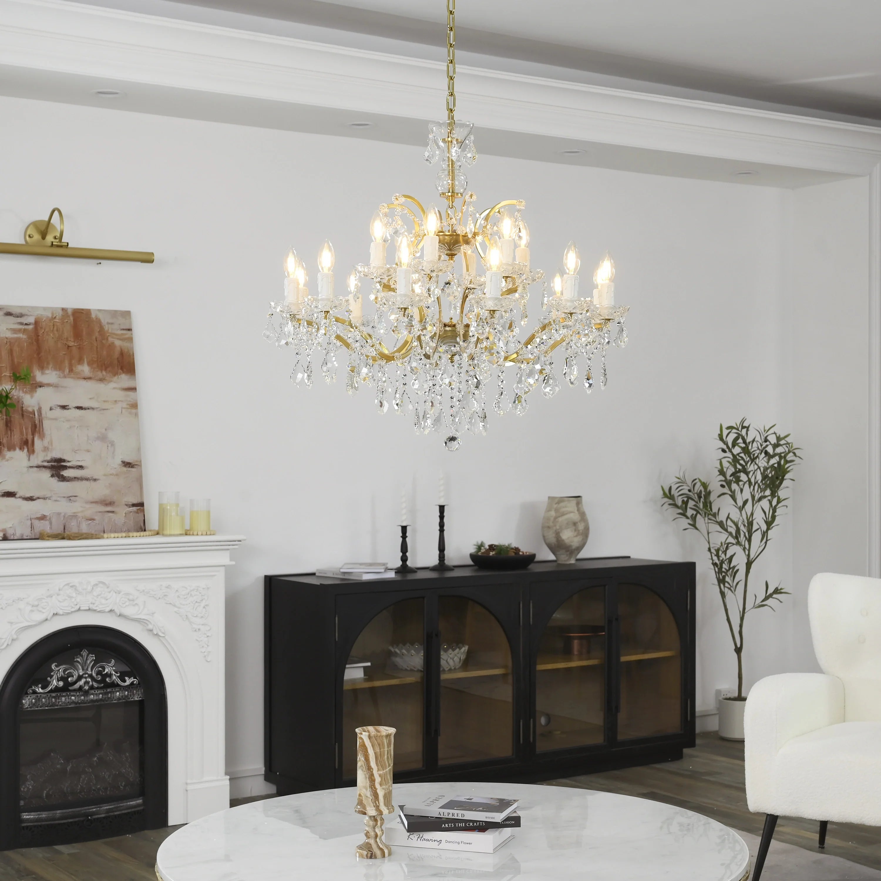19th Century Rococo Style Iron and Crystal Round Chandelier - 33 Inch Antique Lighting Fixture for Dining Room, Foyer, or Ballroom Decor