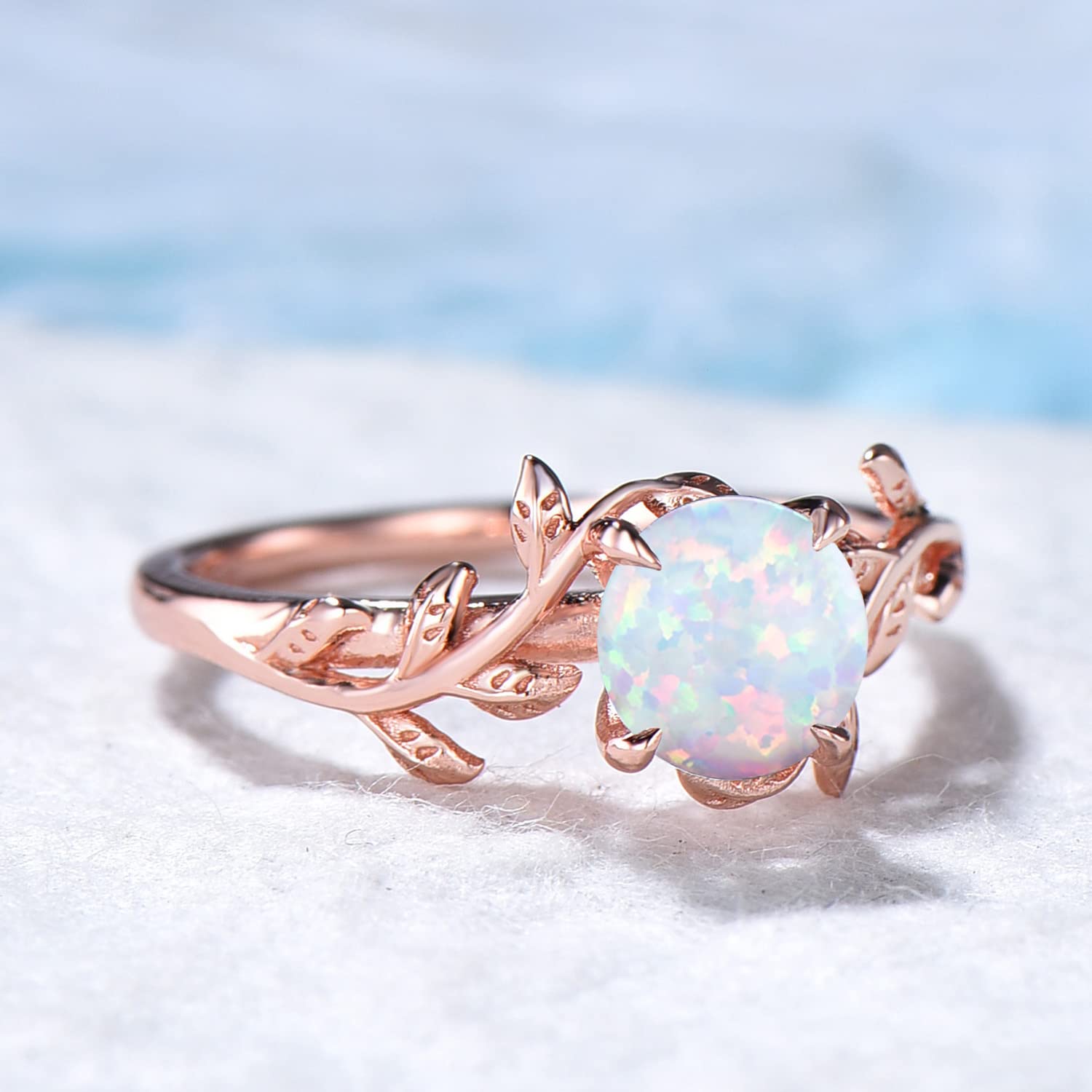 Sterling Silver & Rose Gold Plated White Opal Engagement Ring - Nature Inspired Leaf Flower Design Round Solitaire Ring - Unique Anniversary & October Birthday Jewelry Gift (Sizes 4-10, Includes Gift Box) - Perfect for Weddings, Proposals, Anniversaries & Special Occasions