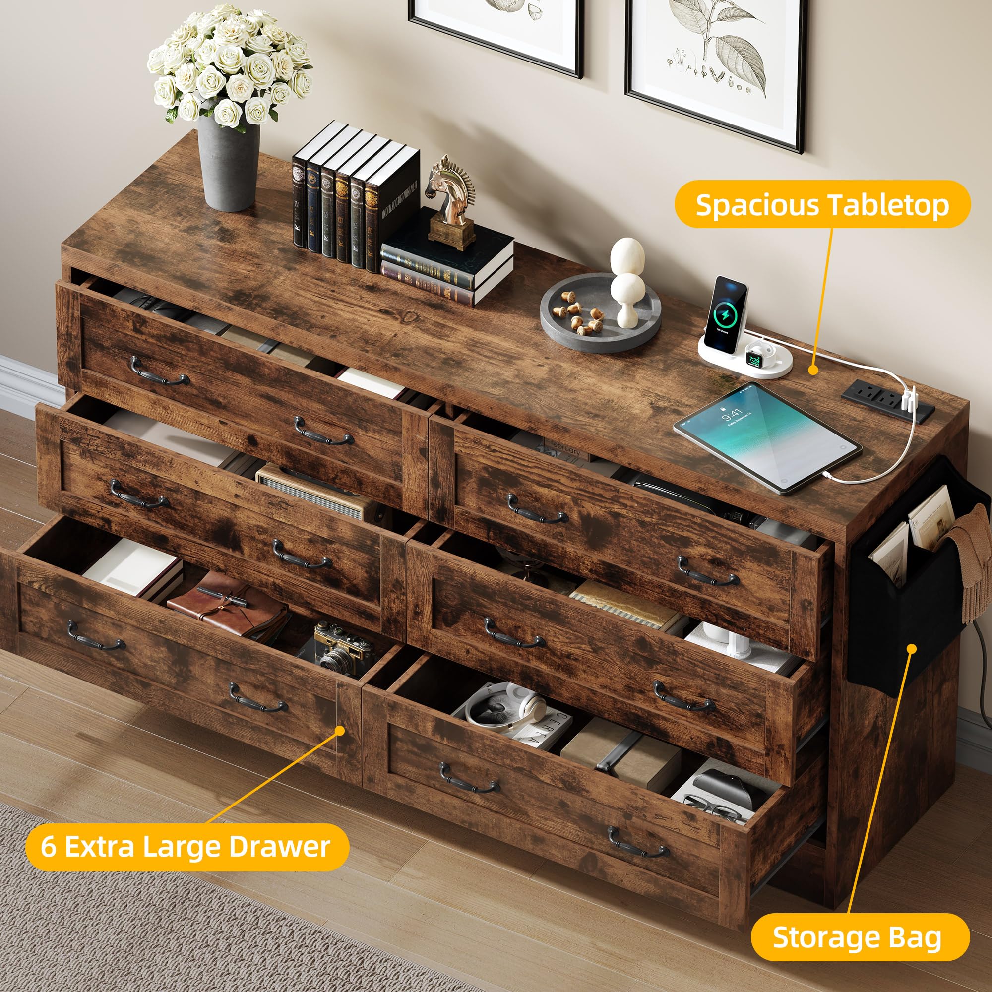Modern Farmhouse 6-Drawer Dresser with Power Outlets - 59.5