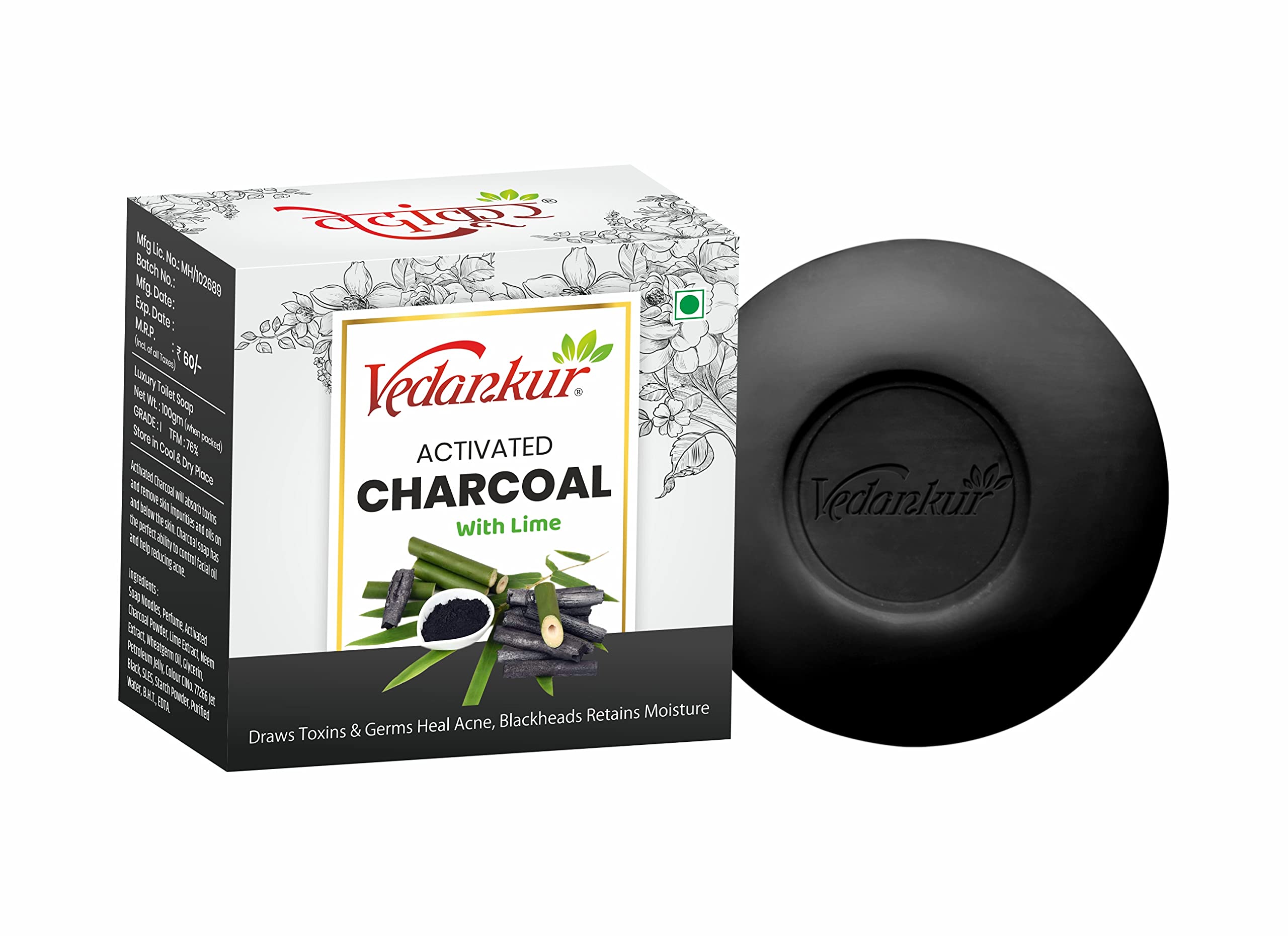 VEDANKUR Charcoal Soap - Pack of 5 | Deep Cleansing & Detoxifying Face & Body Bar | Perfect for Acne-Prone Skin & Men's Skincare Routine