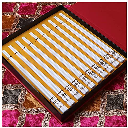 Premium Reusable Metal & Wooden Chopsticks Set - 10 Pairs of Elegant Bone China & Porcelain Japanese Style Chopsticks - Dishwasher Safe, Non-Slip Tableware (24cm/9.2