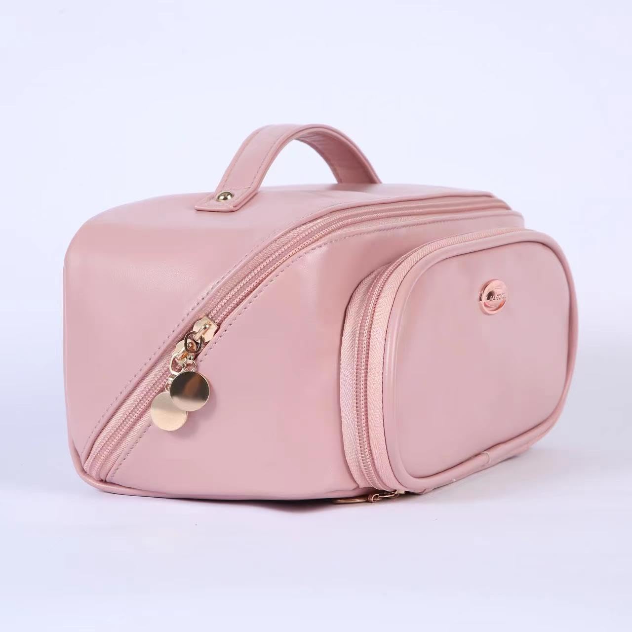 Leather Makeup Pouch Bag - Wide Opening Cosmetic Organizer for Travel & Toiletry