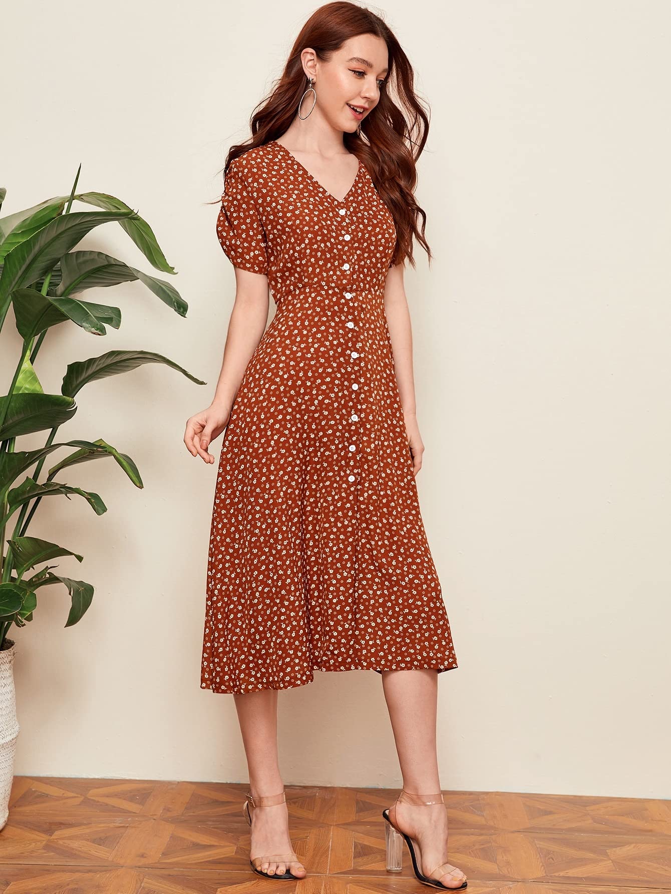 2022 Summer Women's Floral Midi Dress with Button Front - Short Sleeve Tea Dress for Beach, Party & Casual Wear | Perfect for Vacation, Date Night & Outdoor Events