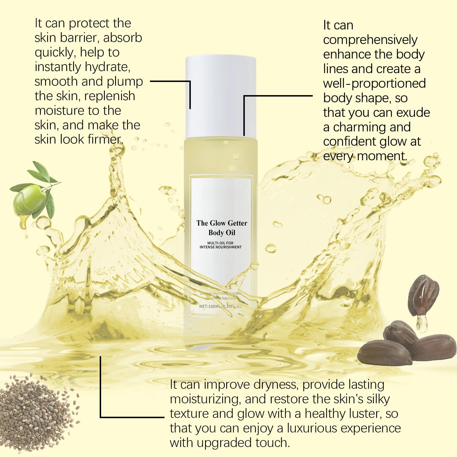 Glow Getter Hydrating Body Oil for Dry Skin - Nourishing Blend of Rose, Castor & Olive Oils - Moisturizing & Soothing Essential Massage Oil for Spa, Self-Care & Relaxation