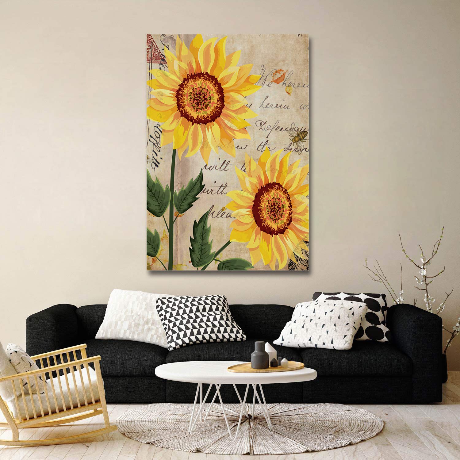 Vintage Sunflower Watercolor Floral Canvas Prints - Wall Art Decor for Bedroom, Bathroom & Kitchen - 28x20 Inch Postage Stamp Style Painting | Perfect for Home Decor, Housewarming Gifts & Interior Design