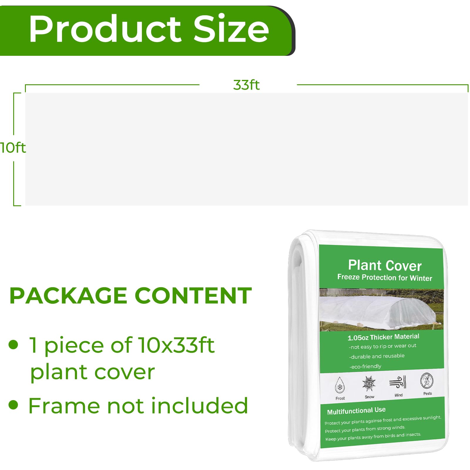 10x33FT Plant Covers Freeze Protection - Winter Frost Cloth for Raised Garden Beds, Vegetables & Plants - White Floating Row Cover for Insect & Cold Protection - Perfect for Winter Gardening & Greenhouse Use