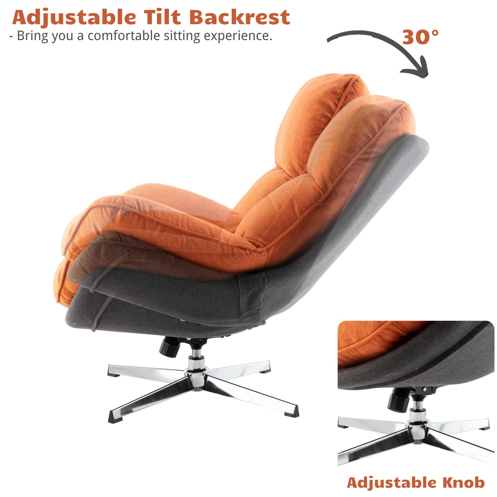 HEAH-YO Swivel Accent Chair - Modern Upholstered Linen Living Room Chair with Backrest, Armless Reading Chair for Bedroom & Office - Comfortable Orange Lounge Chair for Relaxing, Reading & Small Spaces