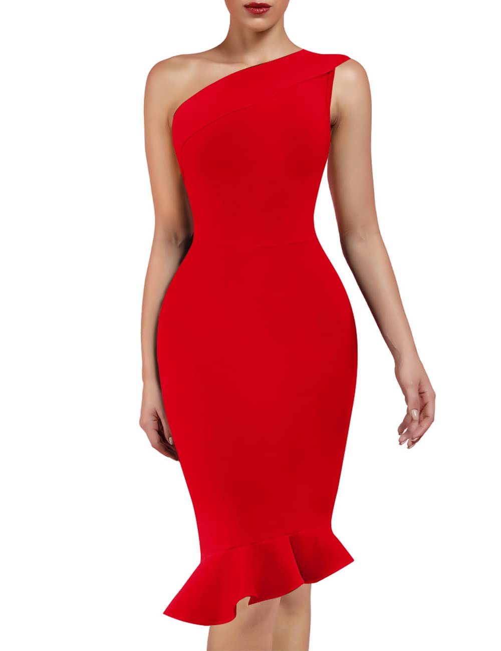 UONBOX Women's Sexy One Shoulder Sleeveless Bodycon Dress - Midi Mermaid Bandage Party Dress for Club, Night Out, Cocktail & Formal Events