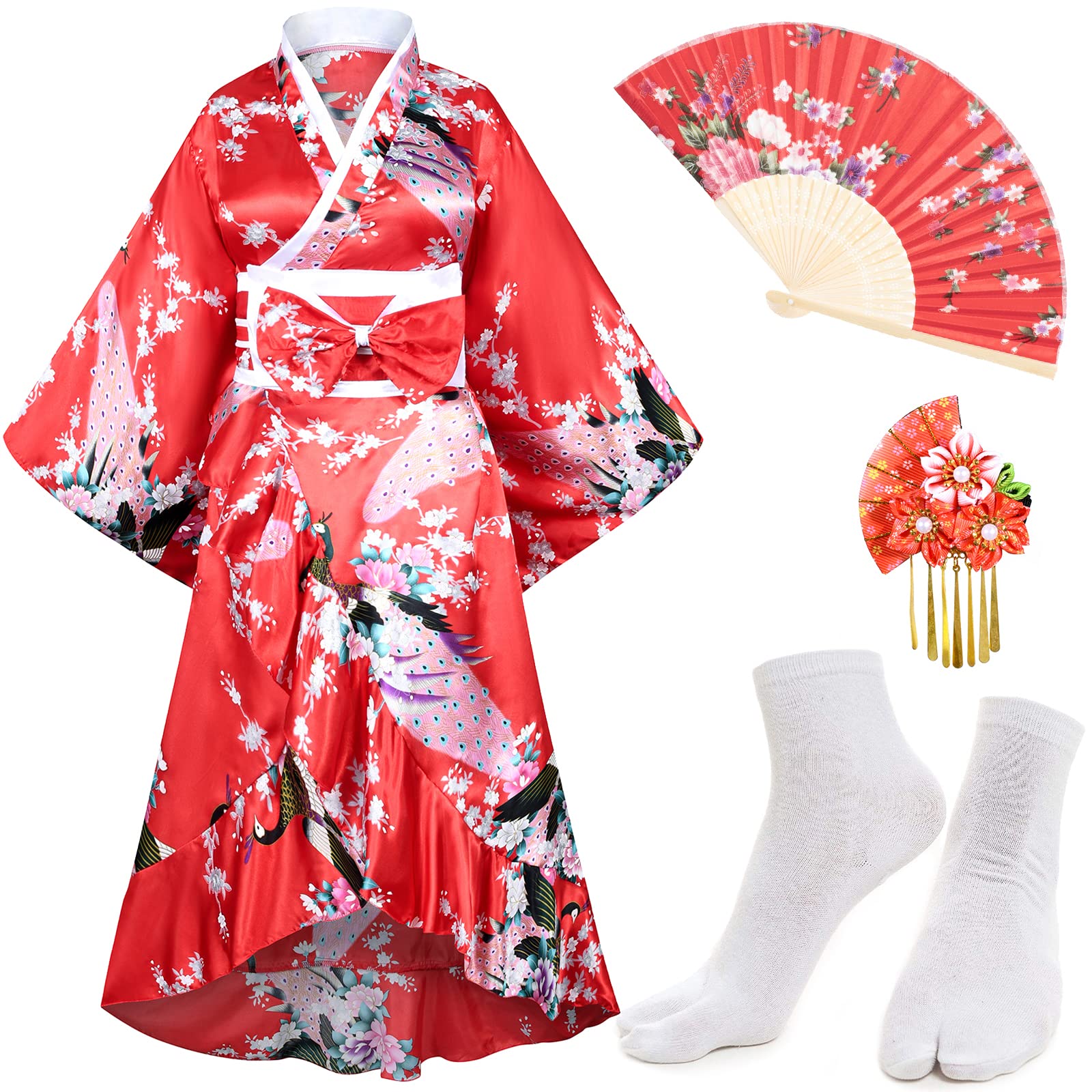 Elegant Women's Kimono Robe & Yukata Set - Floral Satin Bathrobe with Ruffle Trim, Sleepwear & Tabi Socks - Perfect for Spa Days, Loungewear, Cosplay and Japanese Culture Enthusiasts