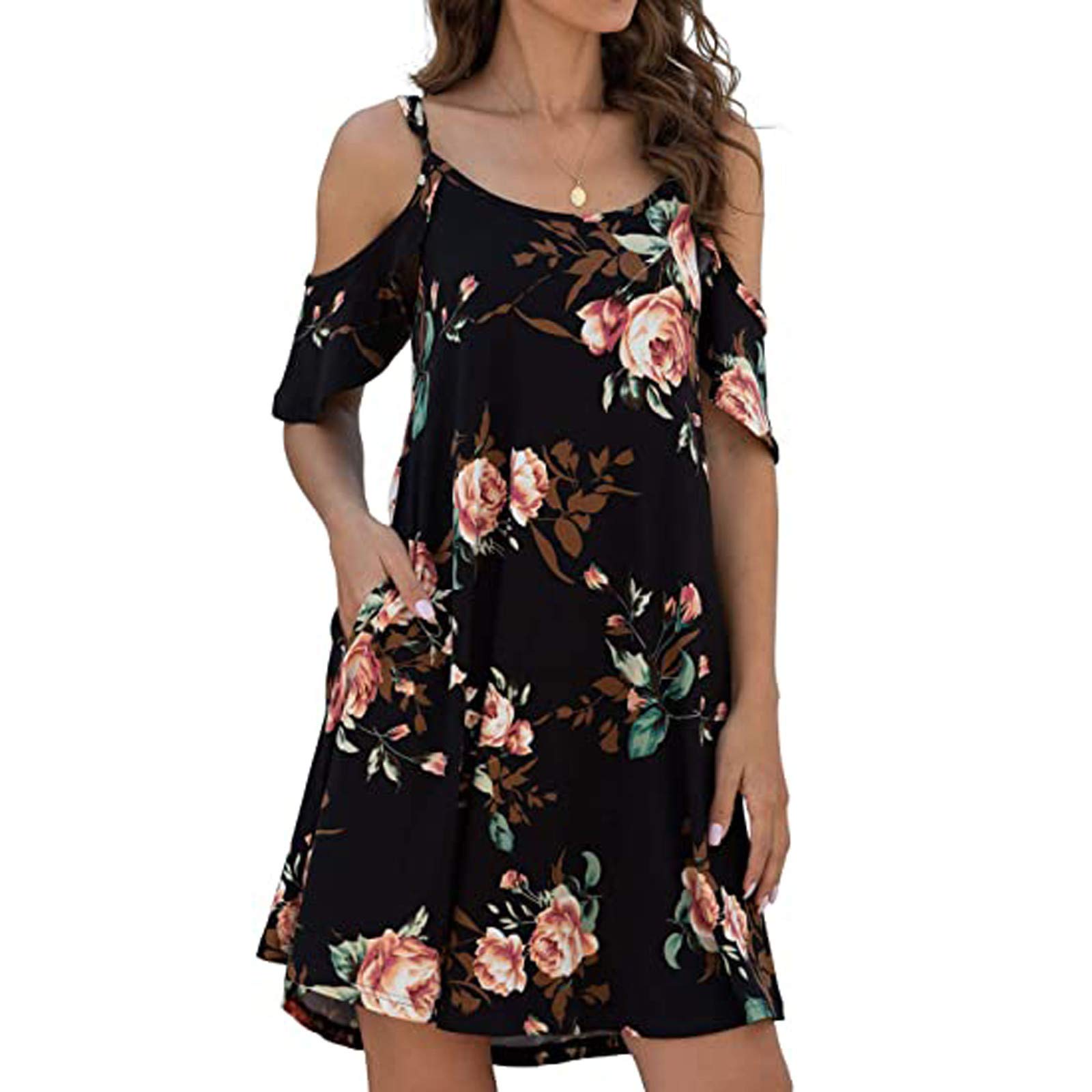 Women's Floral Print Summer Dresses - Boho Beach Sundress with Crew Neck, Loose Elastic Fit for Plus Size | Perfect for Spring, Vacation & Casual Outings