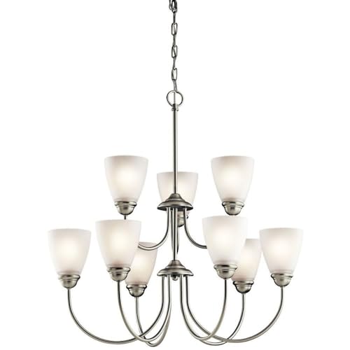Kichler Jolie 28 Inch 9-Light Chandelier with Satin Etched Glass in Brushed Nickel - Elegant Dining Room Lighting for Home Decor