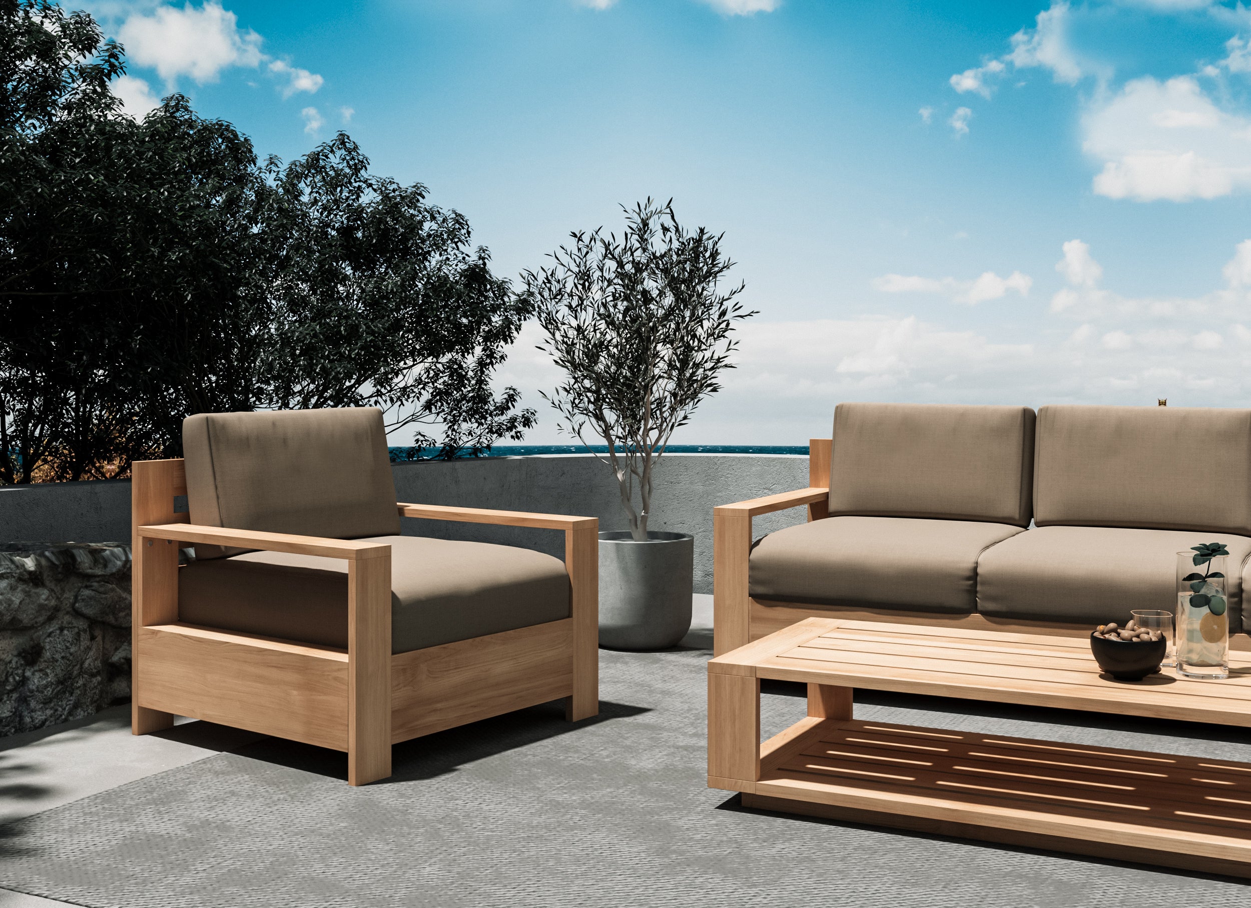 Premium Teak Outdoor Club Chair with Sunbrella Fawn Cushion - Weather-Resistant Patio Furniture for Garden, Poolside & Backyard Relaxation