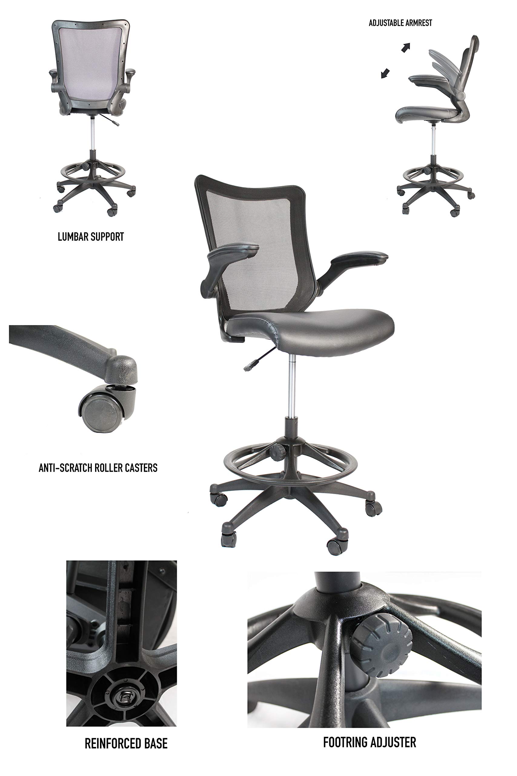 OfficeFactor Ergonomic Drafting Chair - Adjustable Height Tall Office Chair with Flip-Up Armrests, 300 lb Weight Capacity, Mesh Back & Comfortable Leather Seat (Black) - Perfect for Standing Desks, Architects, Artists and Home Office Workspaces