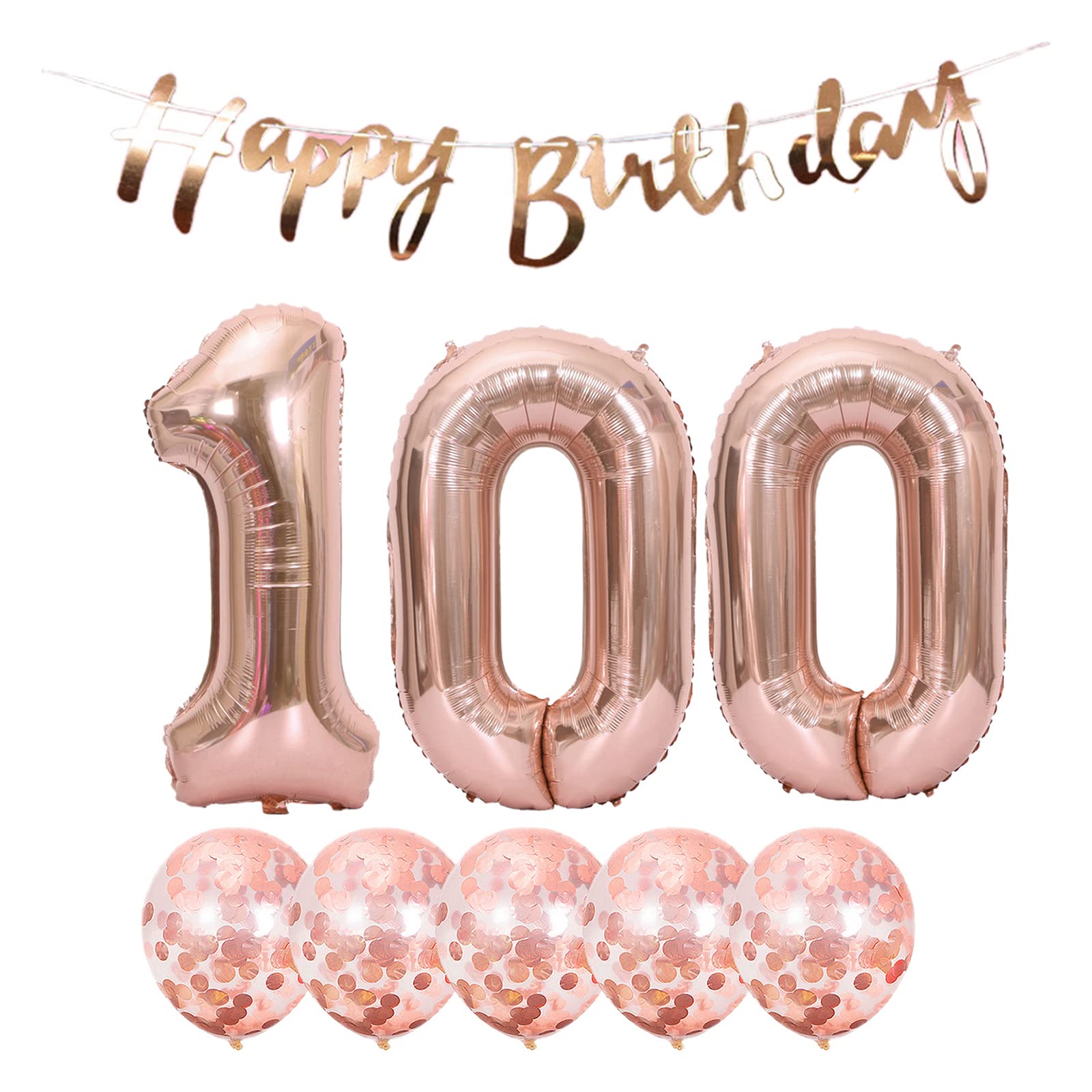 100th Birthday Party Decorations Set - Happy Birthday Banner, Rose Gold Helium Balloons (100 Years Old Theme) - Includes Latex & Foil Number 100 Balloons for Milestone Celebrations - Perfect for Grandparents Anniversary, Retirement Parties & Centenarian Birthday Decor