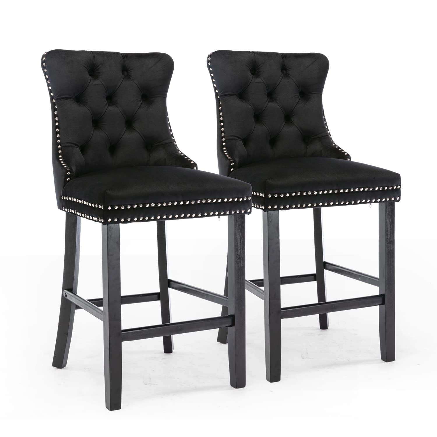 SoarFlash Modern Velvet Upholstered Bar Stools Set of 2 - Wooden Legs, Button Tufted Design with Chrome Nailhead Trim, Armless Counter Height Stools for Kitchen Island, Breakfast Bar or Home Decor (Black)