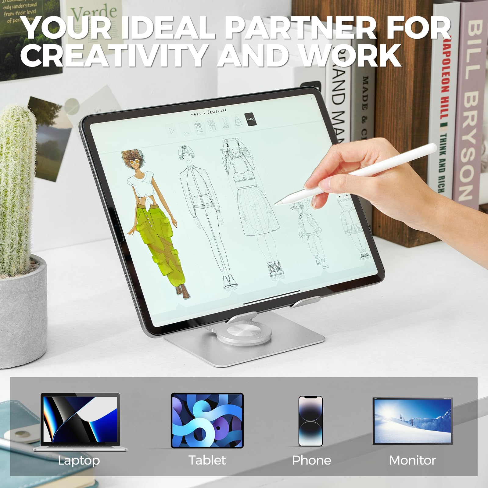 Adjustable & Foldable Tablet Stand for iPad Pro - 360° Rotating Base, Portable Monitor Stand for Desk - Perfect for Office, Home, or Travel (Black) - Ideal for Video Calls, Reading, and Hands-Free Viewing