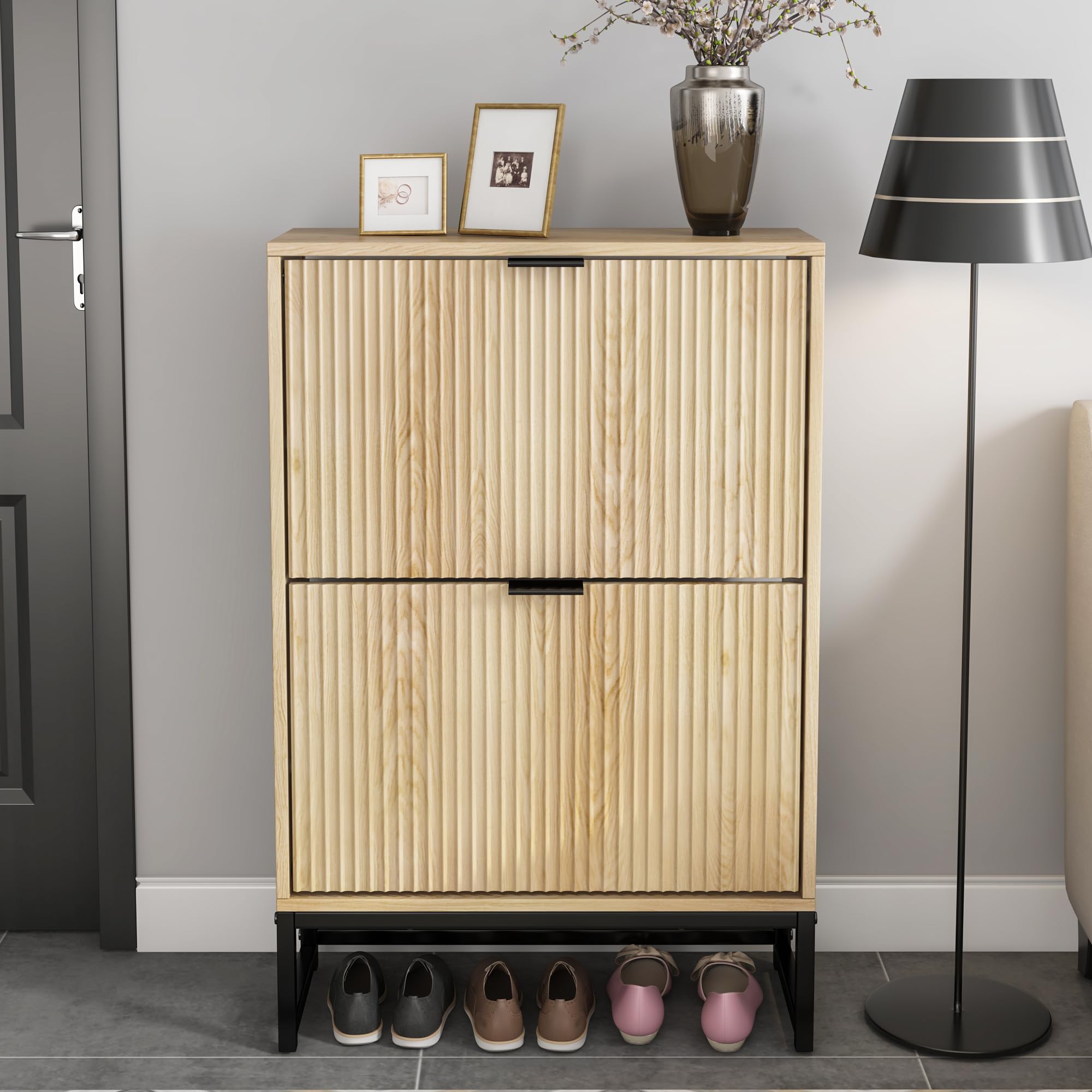 Modern Slim Wooden Shoe Cabinet with 2 Flip Drawers - Freestanding Narrow Shoe Storage Organizer for Entryway & Living Room | Fluted Design Home Decor for Small Spaces & Apartment Hallways