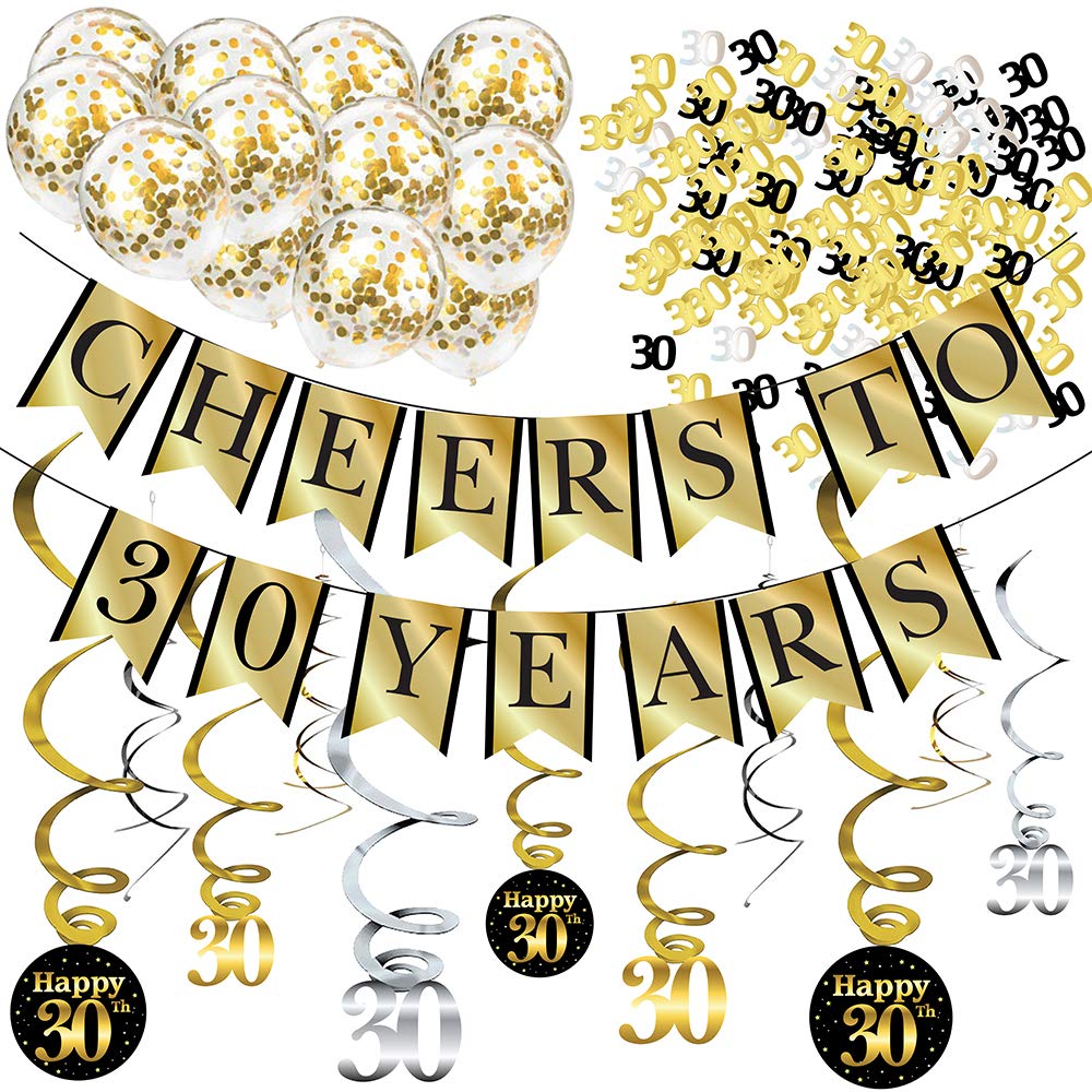 30th Birthday Party Decorations Set - Cheers to 30 Years Banner, Balloons, Swirls & Confetti for Anniversary Celebrations | Perfect for Milestone Birthdays, Adult Parties & Decorative Events