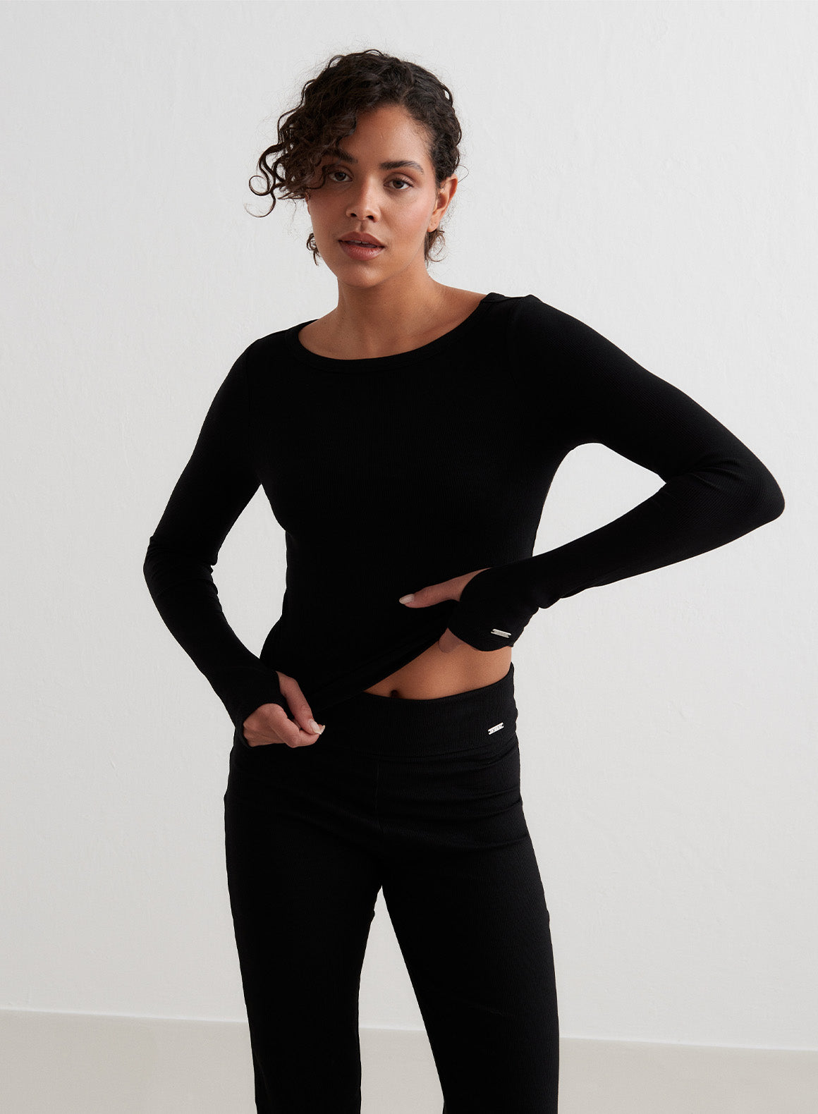 Black Ribbed Long Sleeve T-Shirt for Women - Stretchy Comfort Fit Casual Top - Perfect for Layering, Office Wear & Everyday Outfits