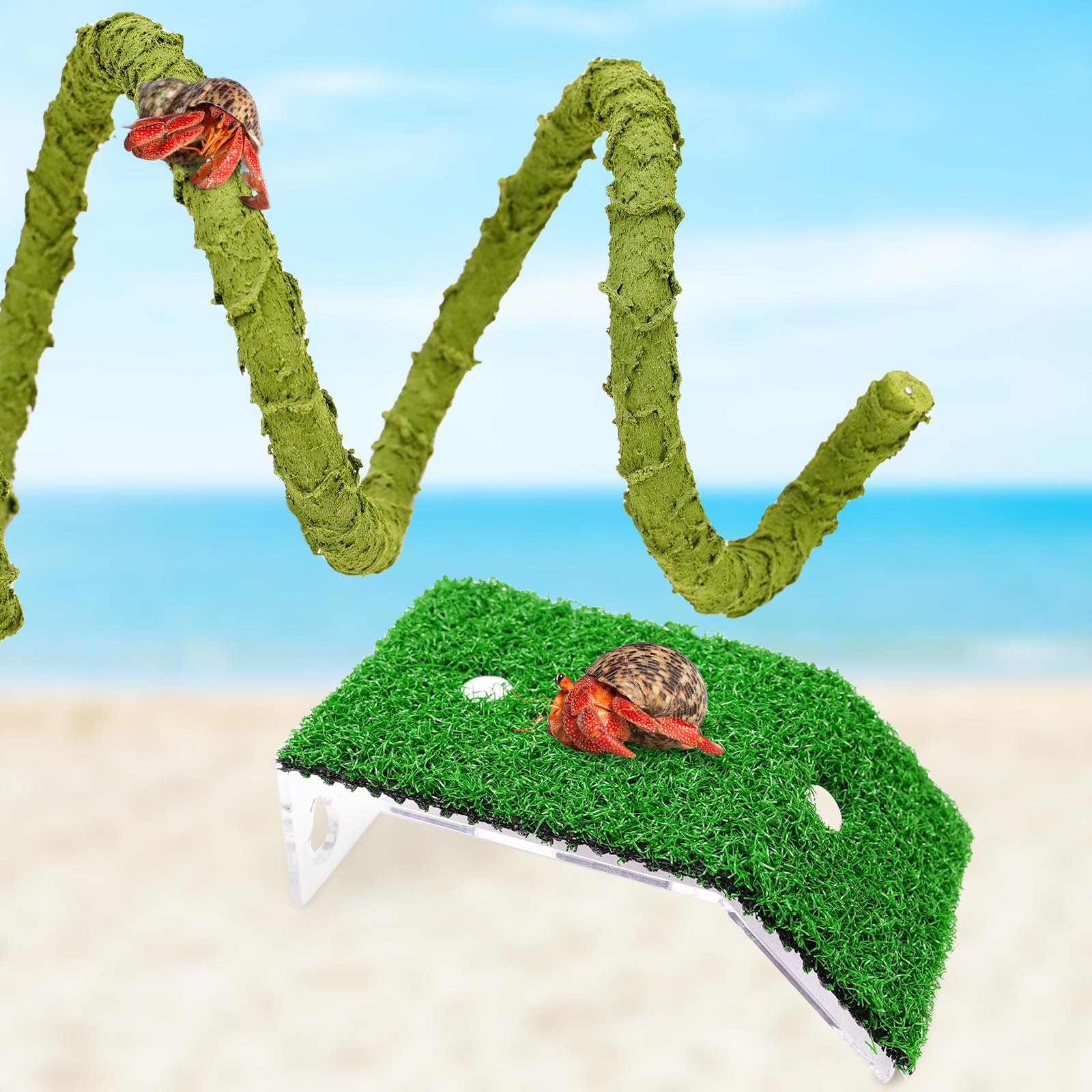 3.3 FT Bendable Hermit Crab Climbing Toy with Fake Grass Ramp - Reptile Tank Accessories for Lizards & Geckos - Terrarium Jungle Vines Habitat Decor (Perfect for Climbing Exercise & Natural Habitat Simulation)