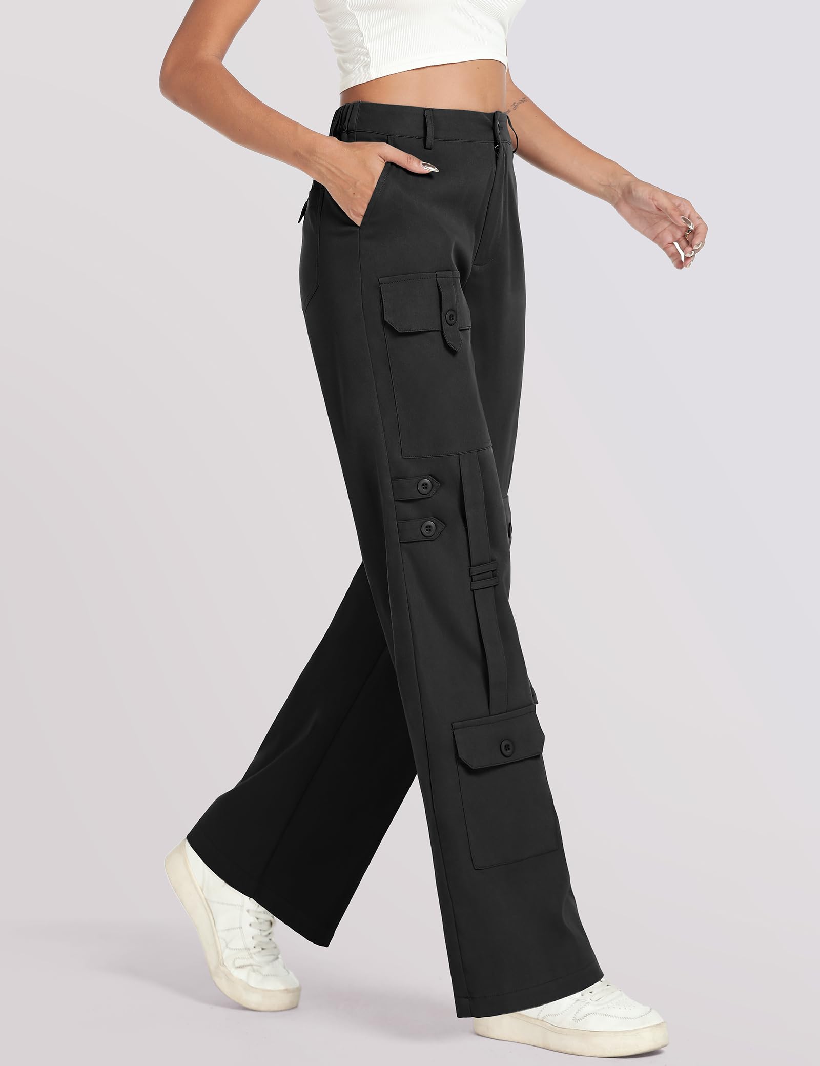 THANTH Women's High Waist Cargo Pants - Baggy Military Combat Pants with 8 Pockets | Y2K Streetwear Wide Leg Trousers for Casual Wear & Outdoor Activities