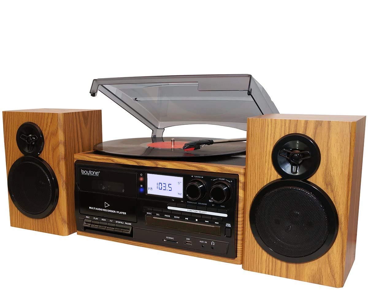 Boytone BT-28SPW Retro Bluetooth Turntable with AM/FM Radio, CD & Cassette Player - Convert Vinyl to MP3, SD/USB/AUX Input, Dual Stereo Speakers | Perfect for Home Entertainment, Vintage Music Lovers & Gift Giving