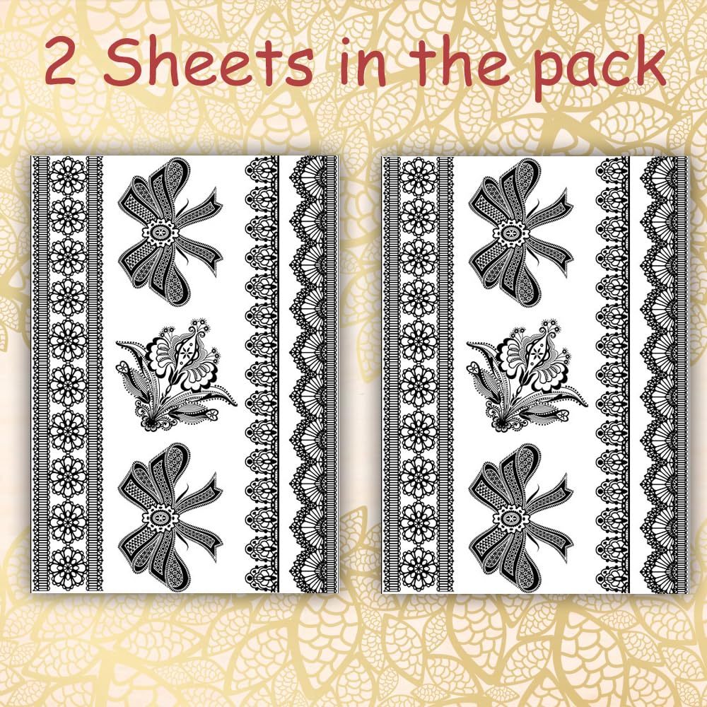 Black Henna Temporary Tattoo Stickers - Floral Lace Design (2 Sheets, 21x15cm) for Women & Girls | Perfect for Parties, Weddings & Festivals