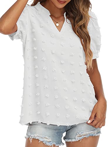 Women's V-Neck Puff Short Sleeve Blouse - Flowy Summer Tops for Casual Wear, Date Night & Office Outfits