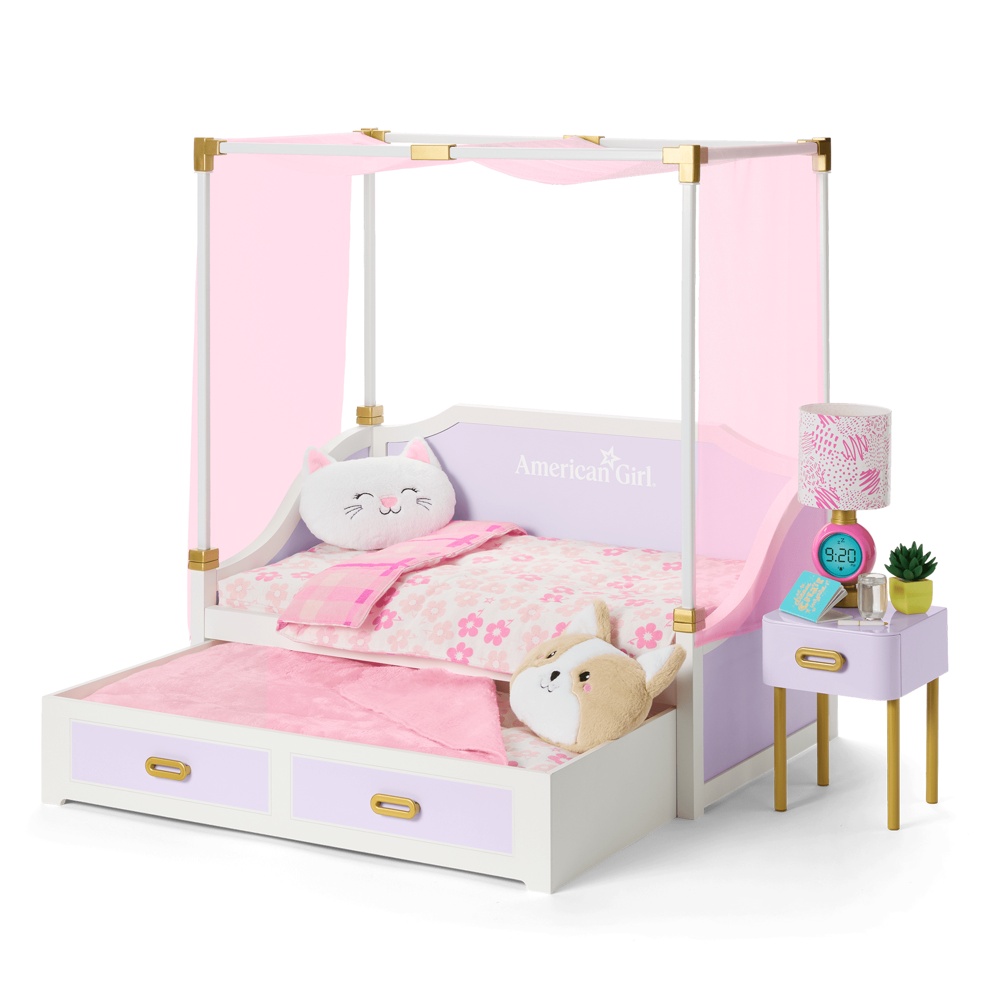 18 Inch Doll Canopy Bed & Nightstand Set - Perfect for Sleepovers, Playtime, and Dollhouse Decor | American Girl Doll Accessories