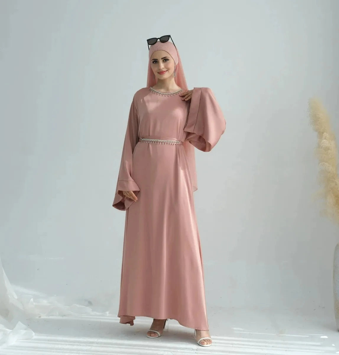 Elegant Crystal Belt Satin Abaya Dress with Matching Hijab & Necklace Set - Perfect for Eid, Weddings & Special Occasions